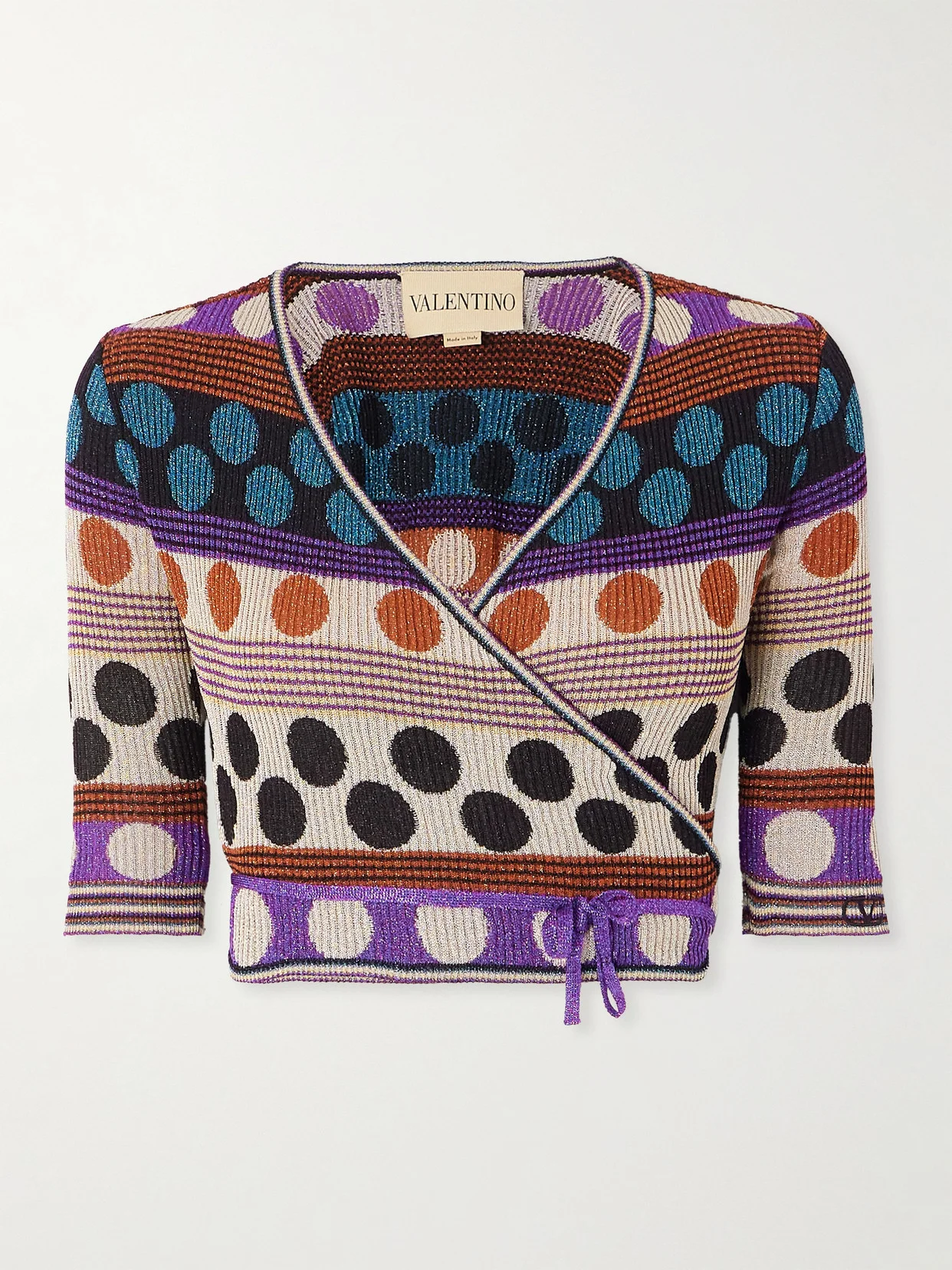 Cropped Ribbed Metallic Jacquard-knit Wrap Cardigan - 1