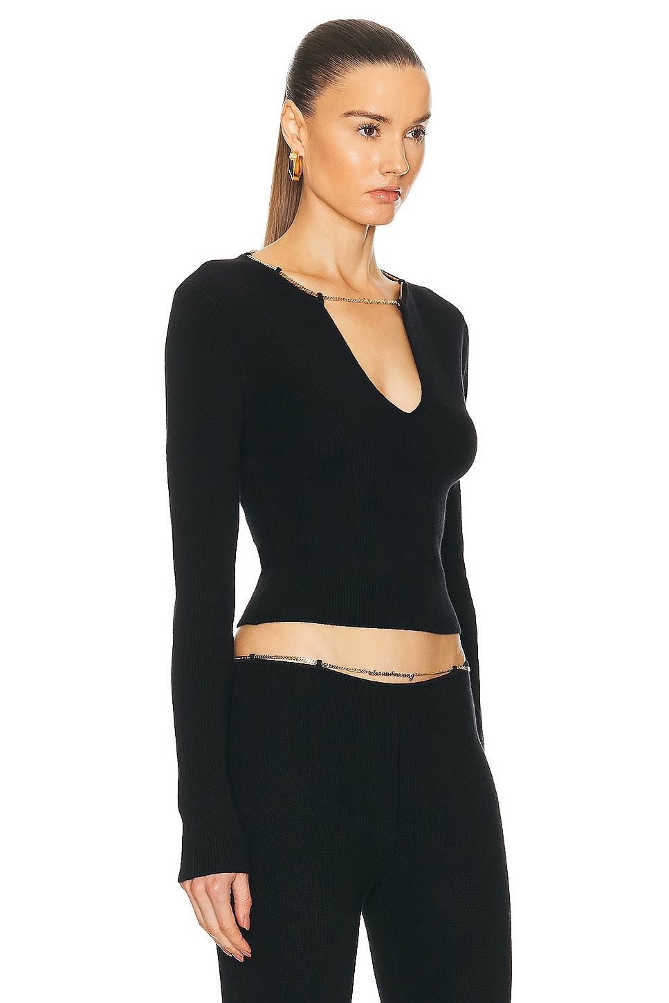 V Neck Long Sleeve Top With Logo Necklace - 2