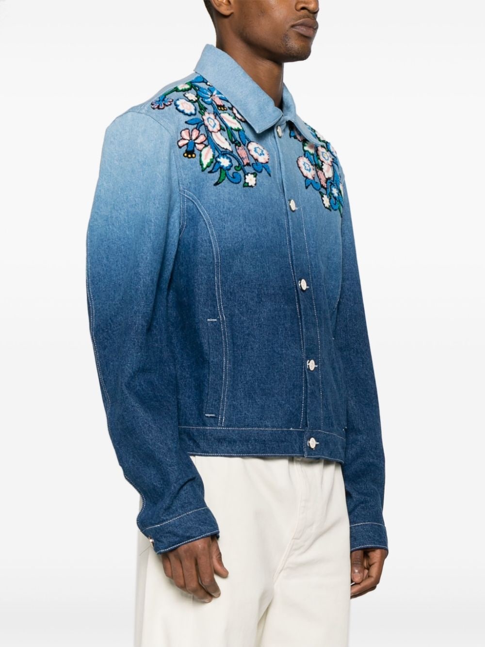 floral-embroidered ombrÃ© denim jacket - 3