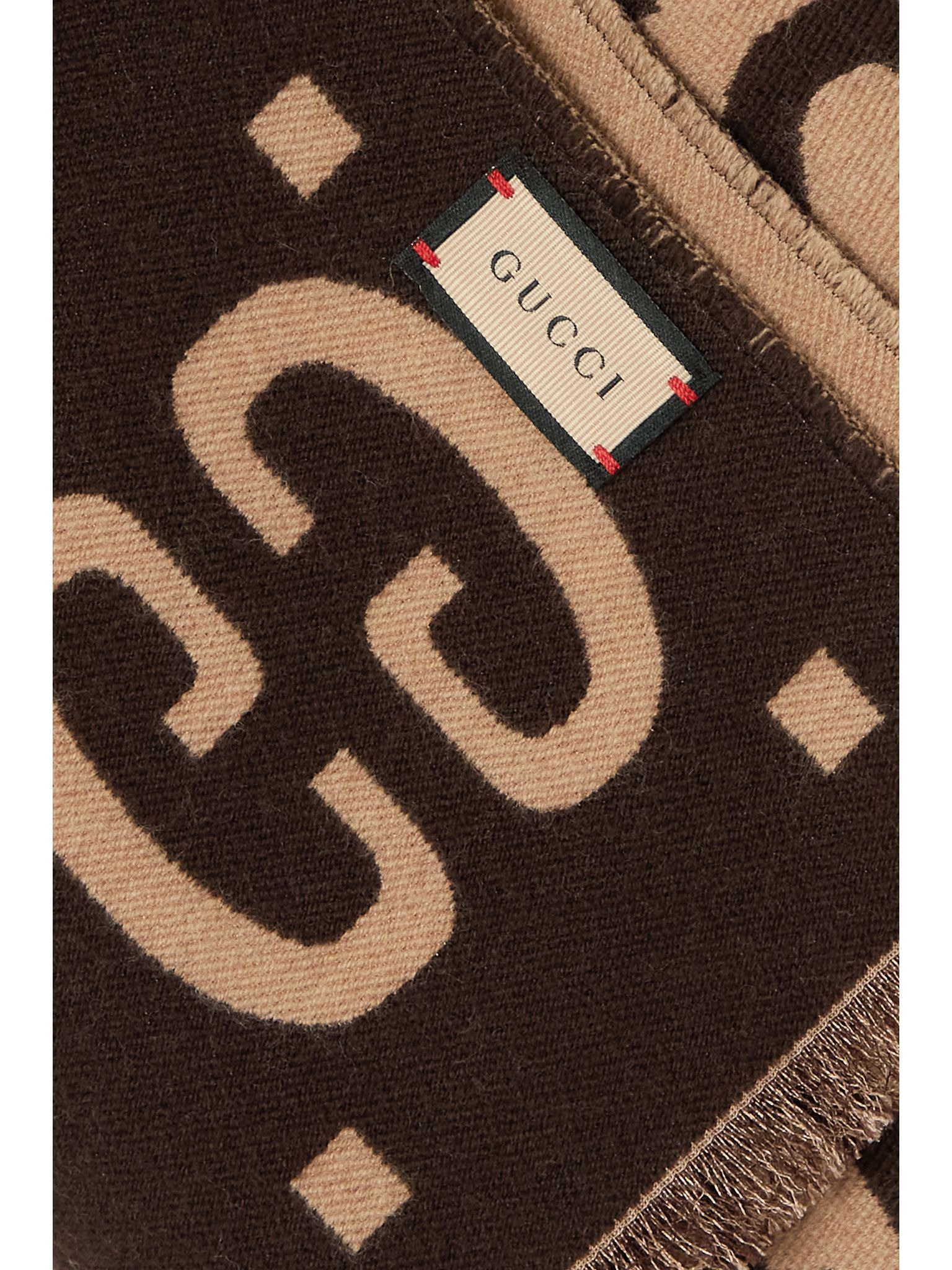 Fringed wool and silk-blend jacquard scarf Beige - 3