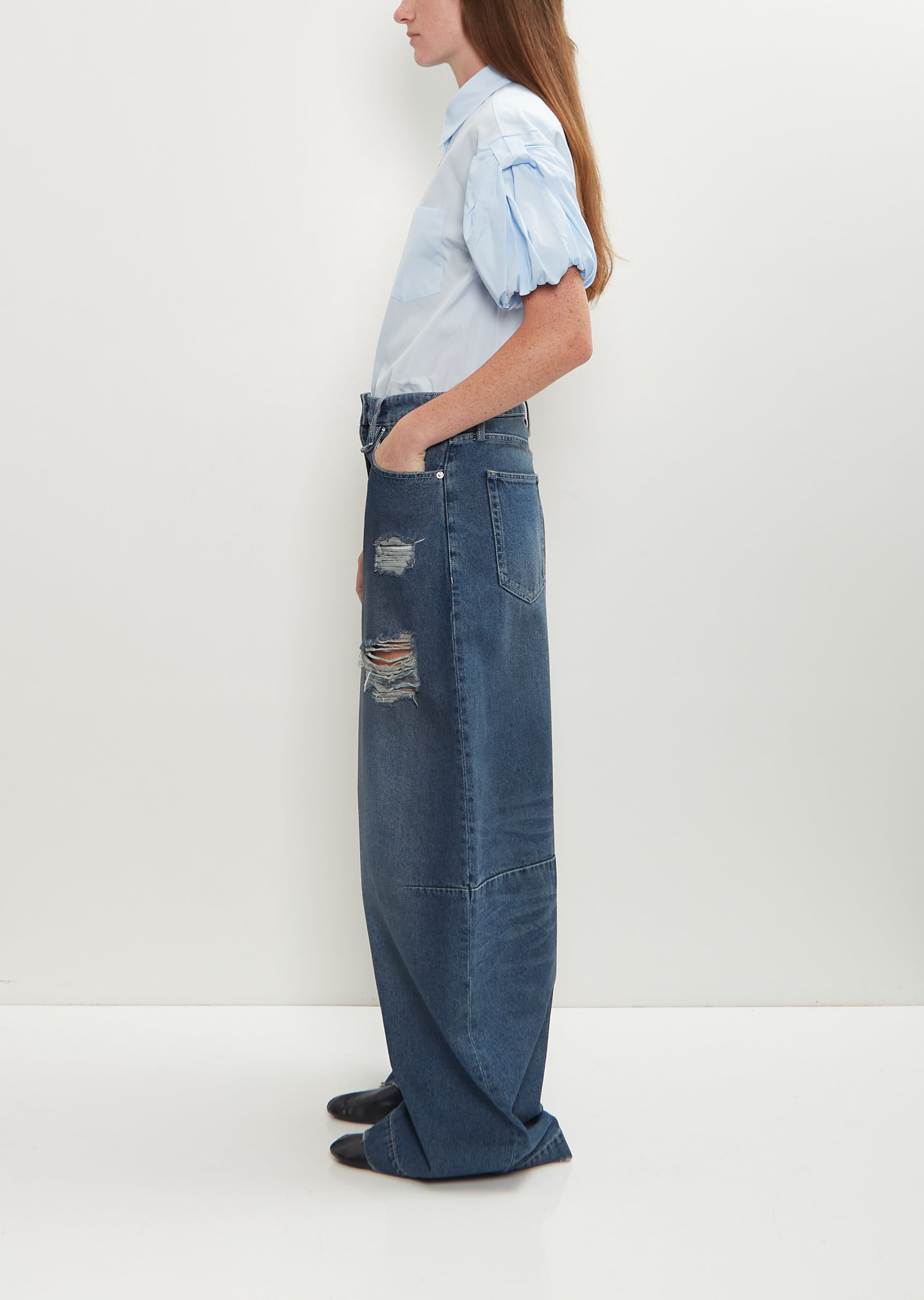 Distressed Wide Leg Puddle Jeans — Distressed Blue - 2