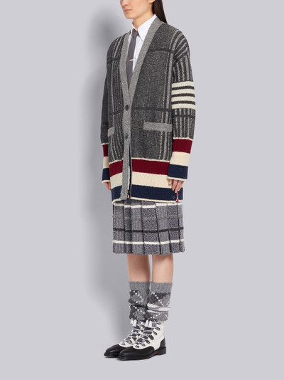 Thom Browne Tonal Grey Shetland Wool Check Jacquard Oversized V-neck 4-Bar Cardigan outlook