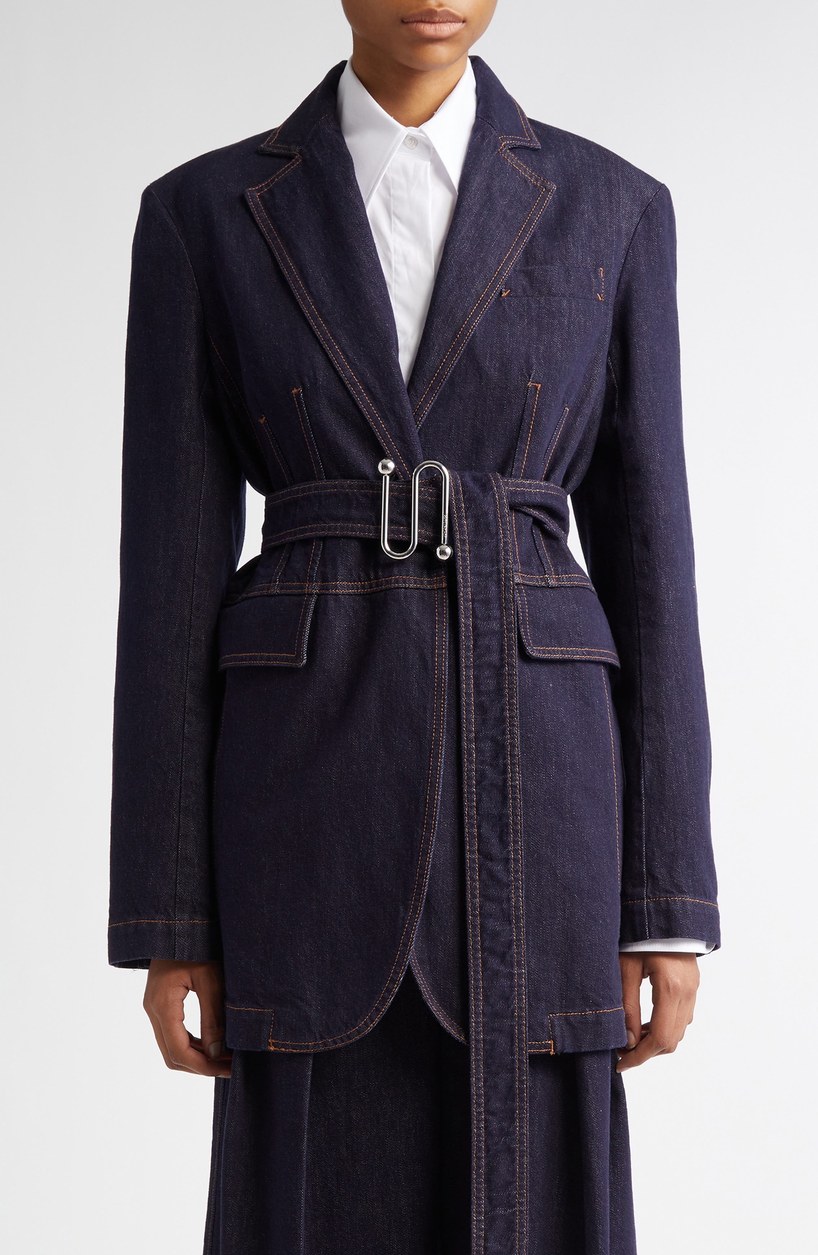 SPORTMAX Domino Monogram Buckle Belted Denim Jacket in Navy at Nordstrom - 1