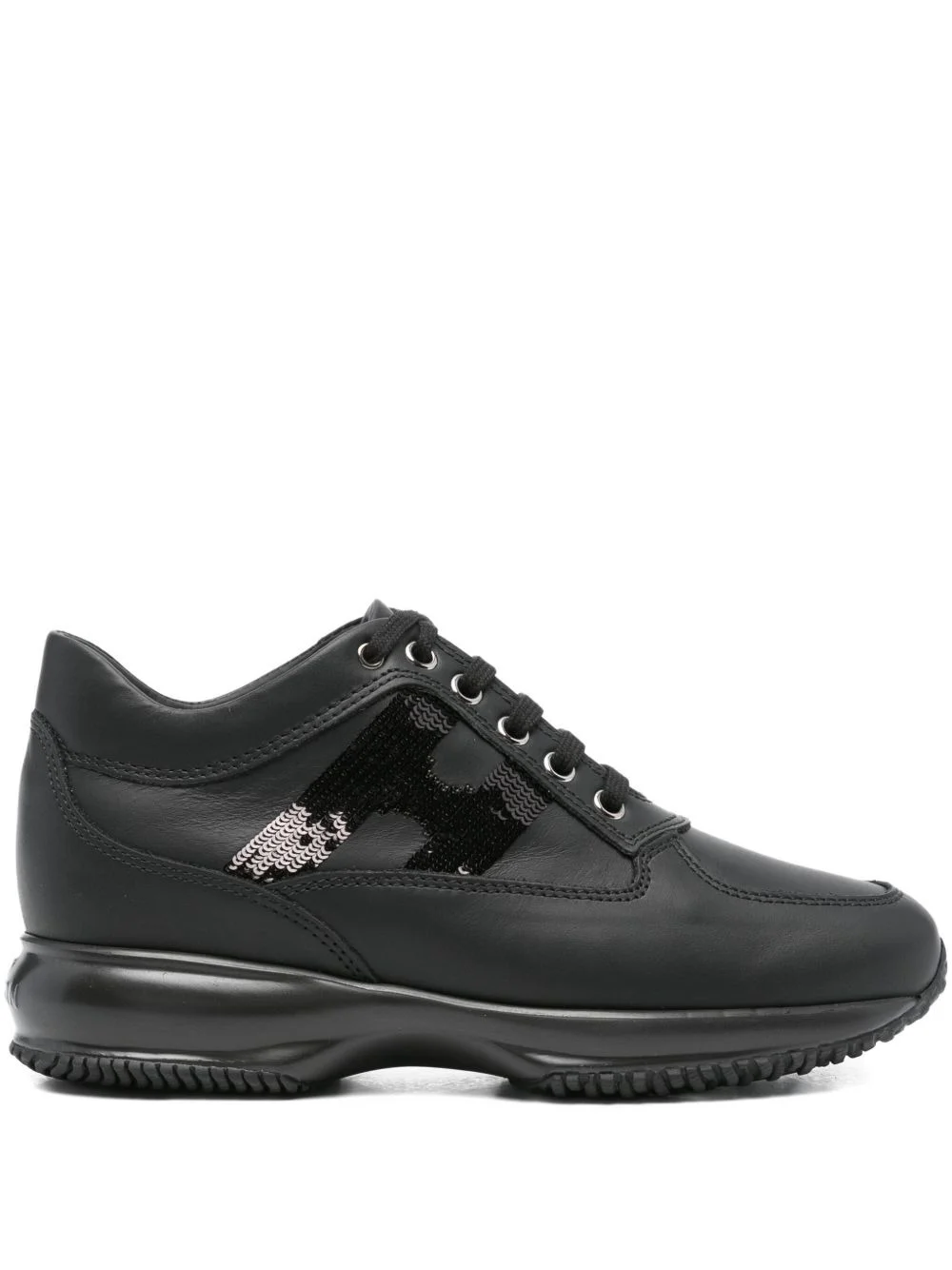 Interactive sequin-panel leather trainers - 1