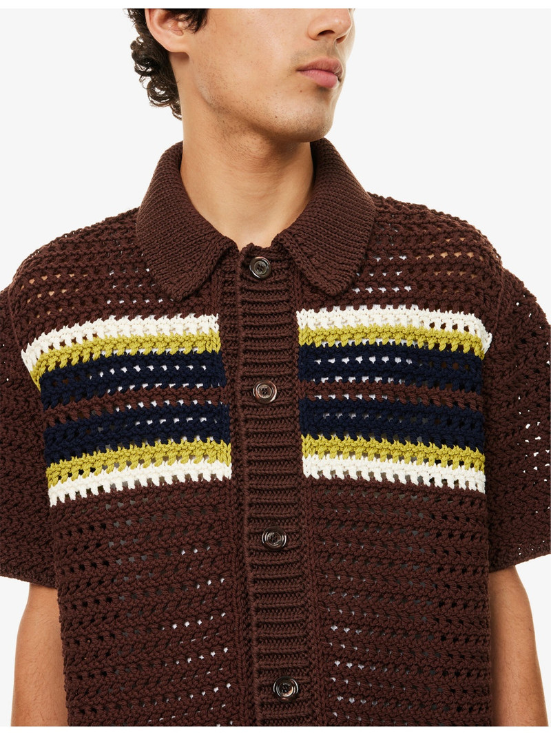 Stripe-Pattern Short-Sleeve Knitted Cotton Polo Shirt 5