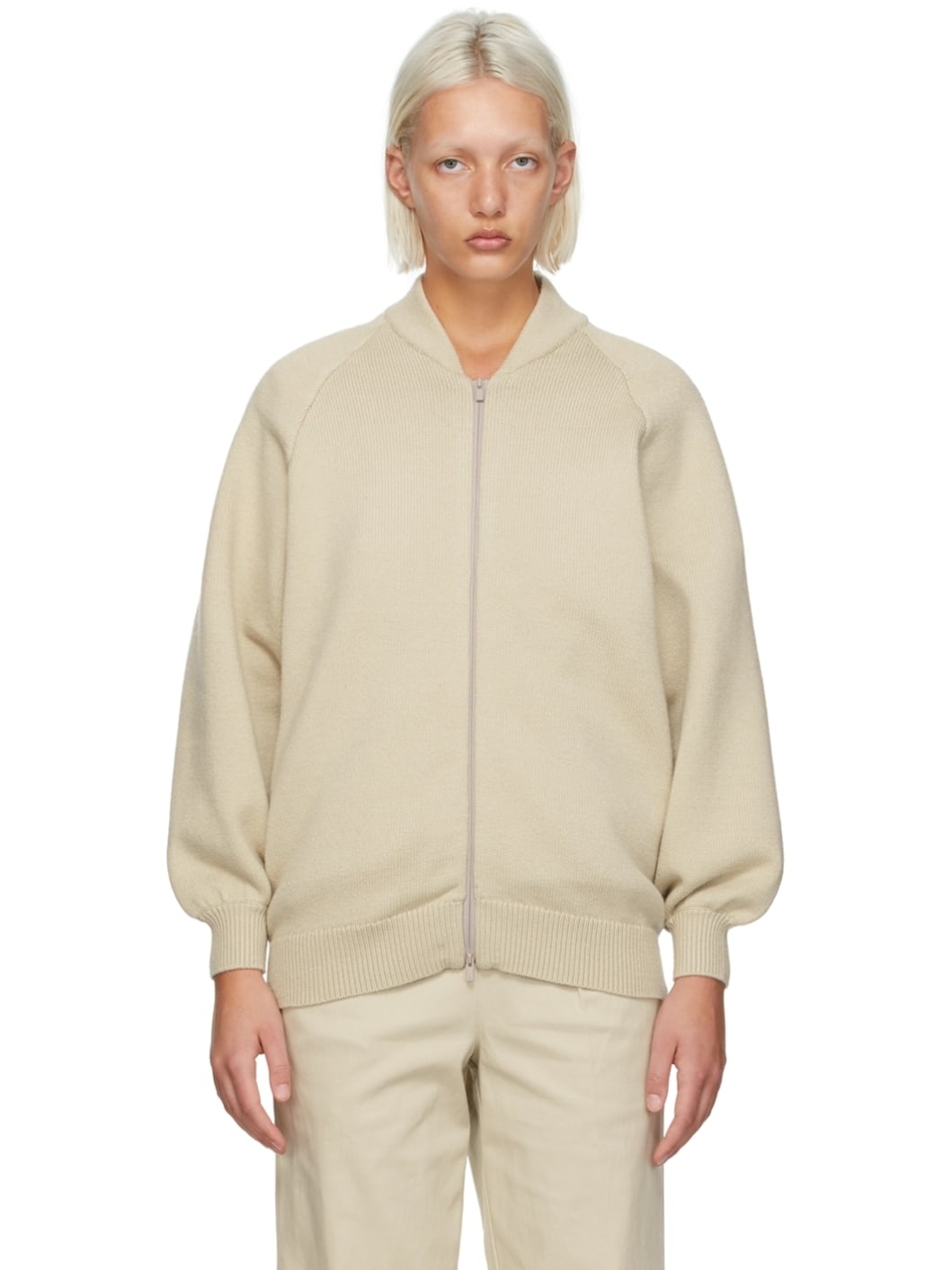 Beige Knit Zip Jacket - 1