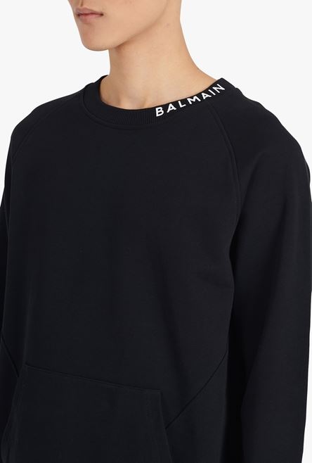 Black cotton sweatshirt with white Balmain logo print neckline - 9