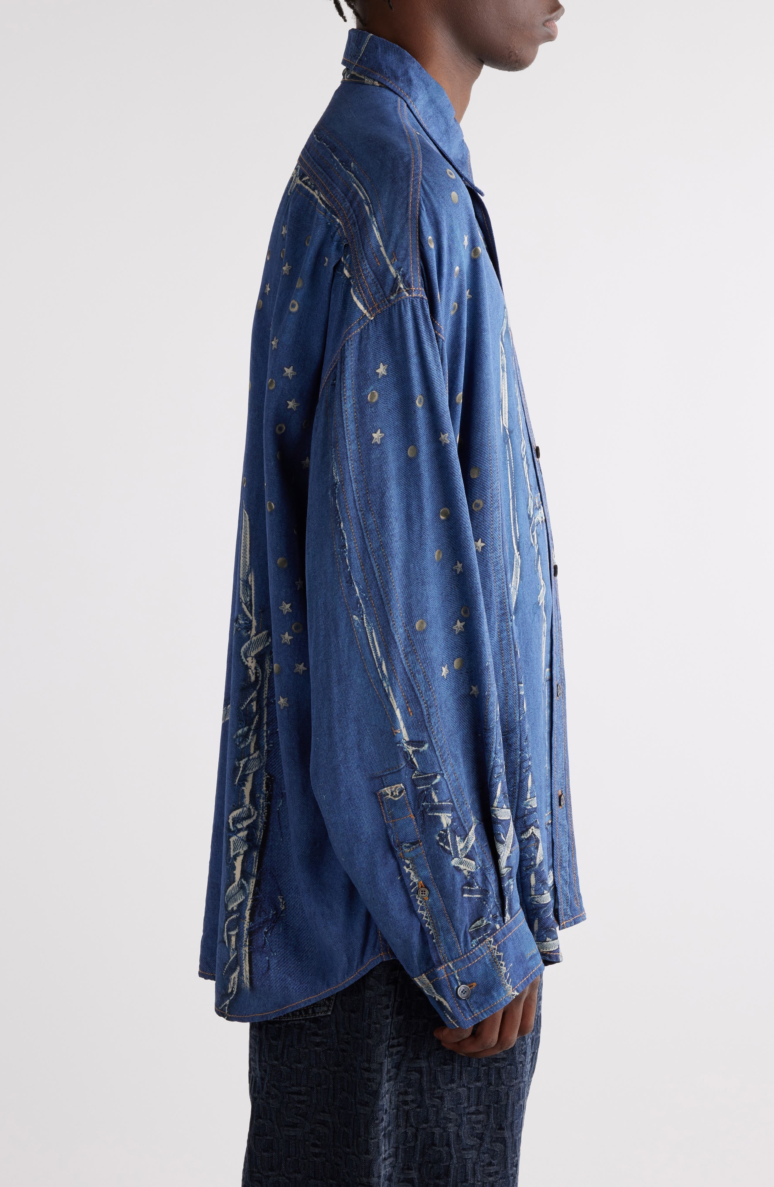 Acne Studios Trompe l'Oeil Repaired & Embellished Button-Up Shirt in Navy Multi at Nordstrom - 4