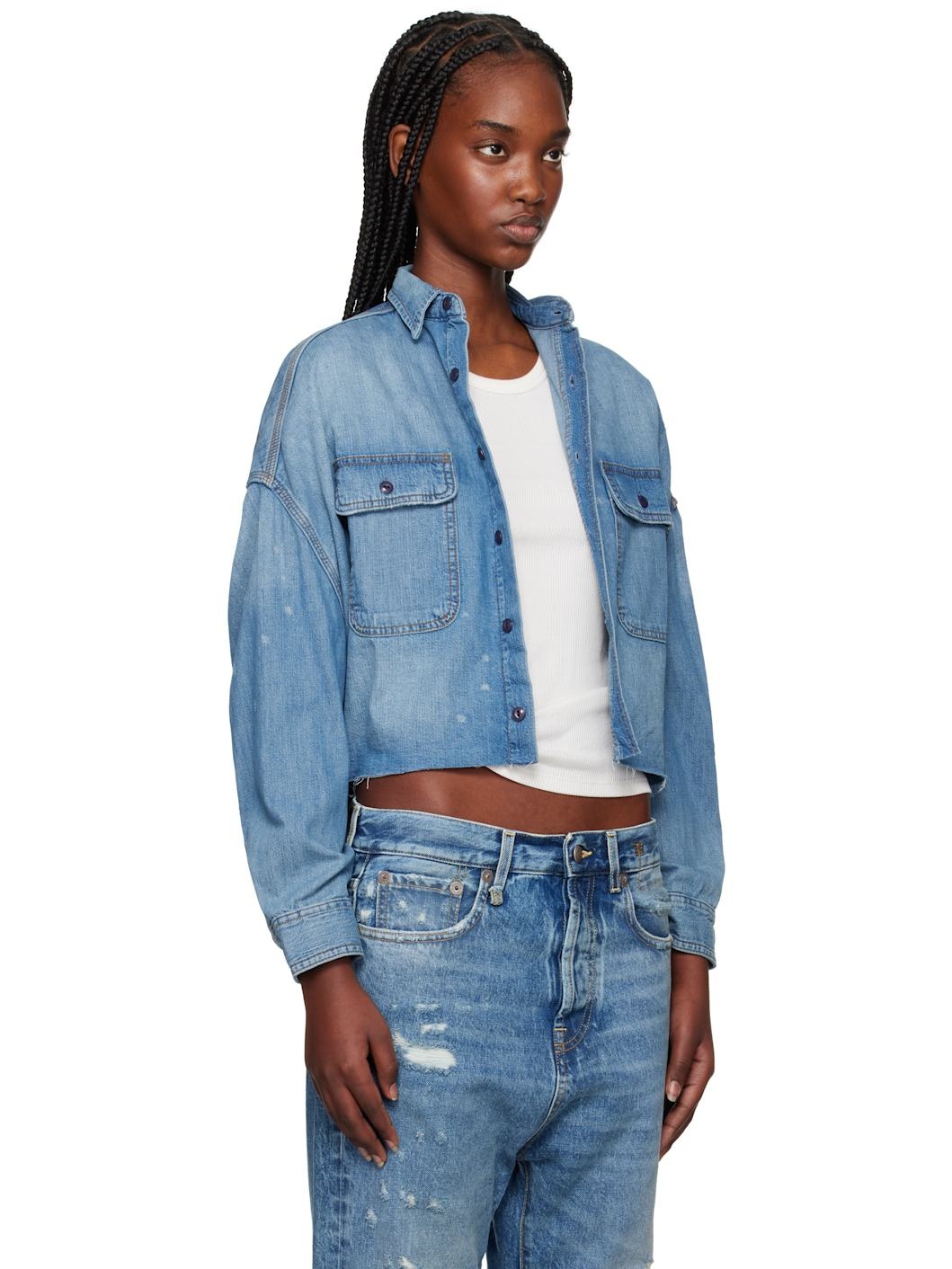 Blue Cropped Denim Shirt - 2