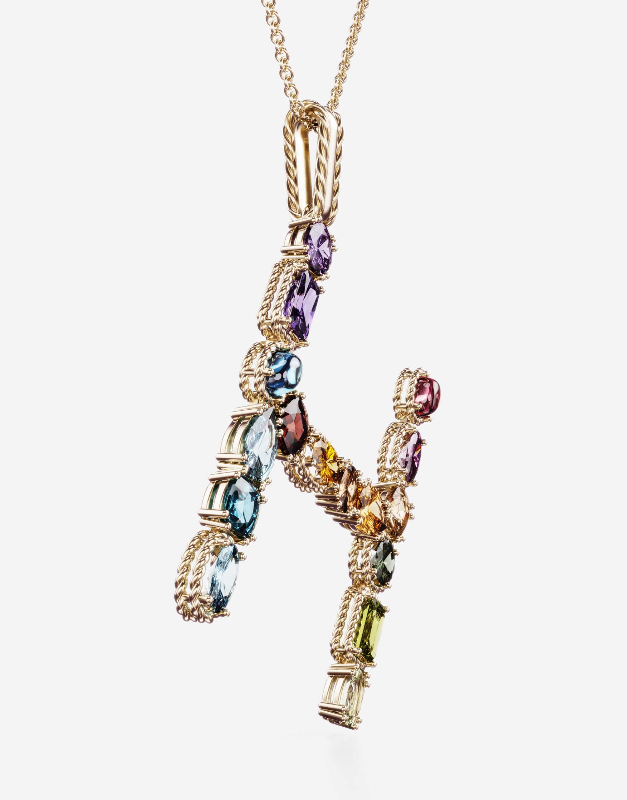 Rainbow alphabet H pendant in yellow gold with multicolor fine gems - 3