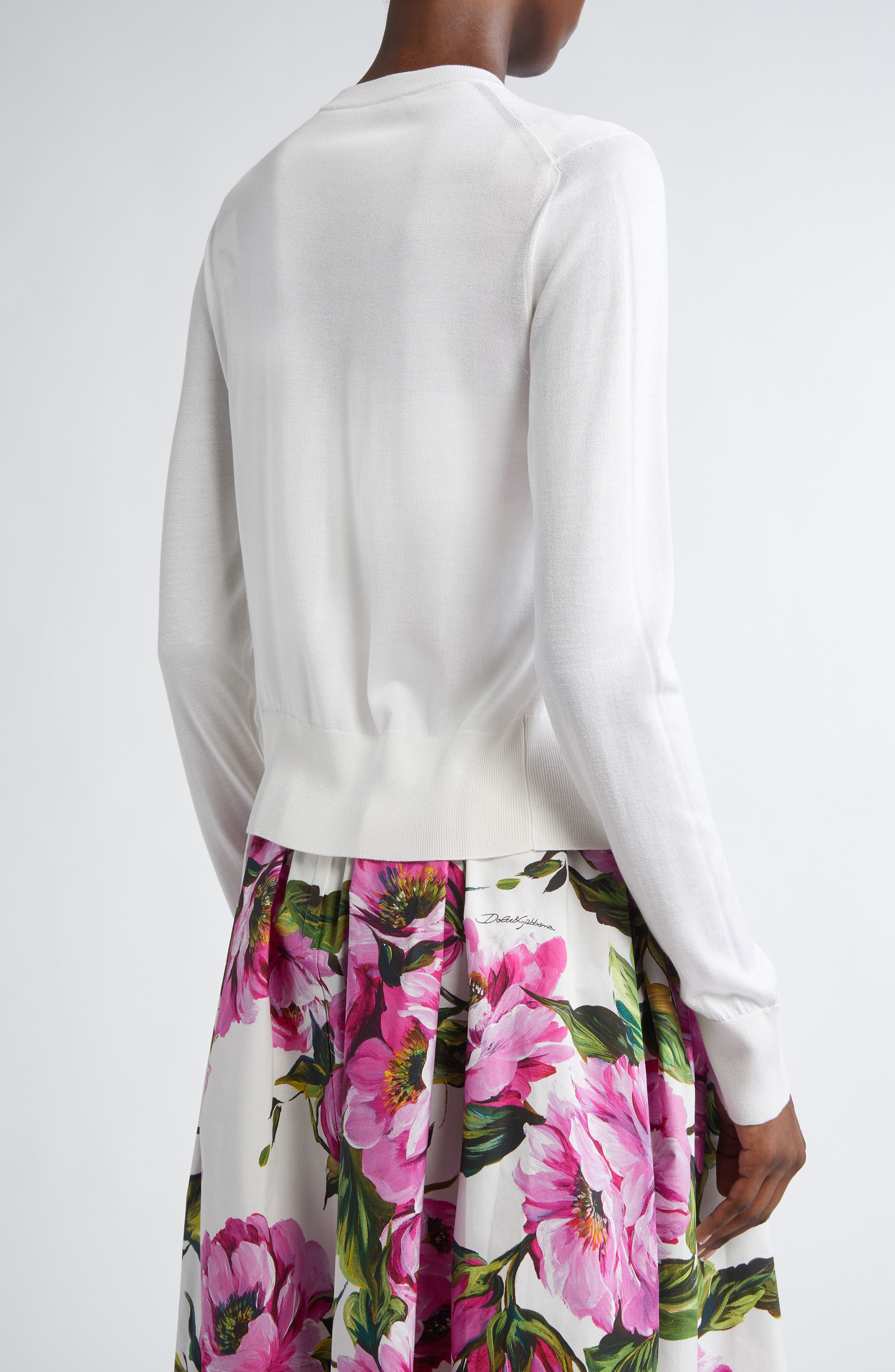 Dolce&Gabbana Floral Appliqué Silk Crewneck Cardigan in Bianco Ottico at Nordstrom - 3