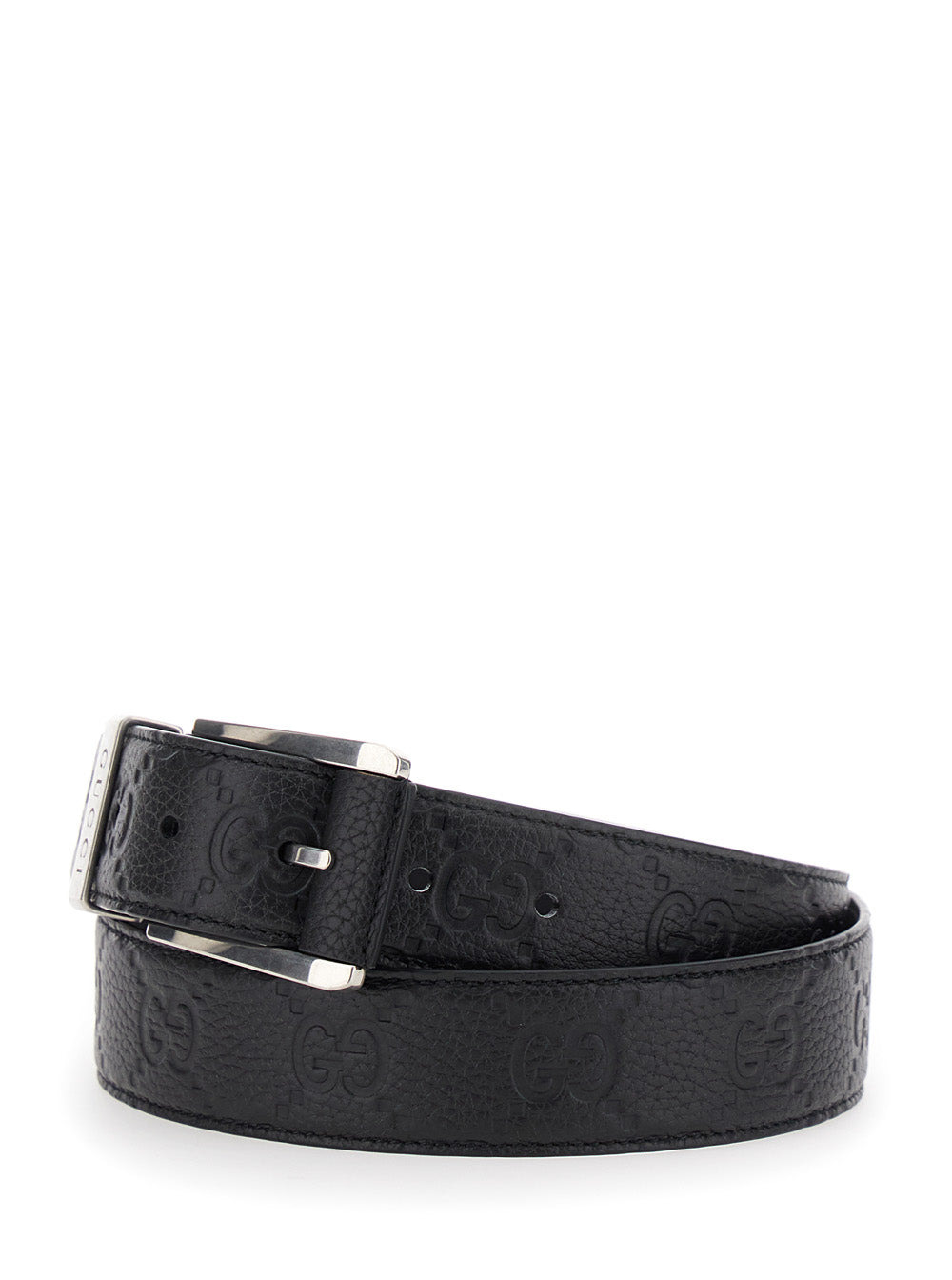 Gucci Men Black Belt With Square Buckle And All-Over Embossed Gg Logo In Grained Leather Man - 2