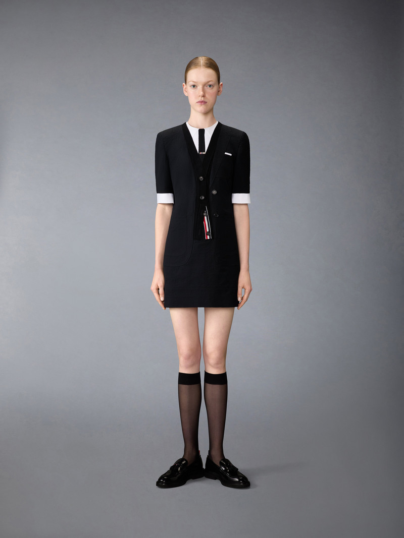 Thom Browne WOOL SEERSUCKER TROMPE L’ŒIL SACK MINI DRESS outlook