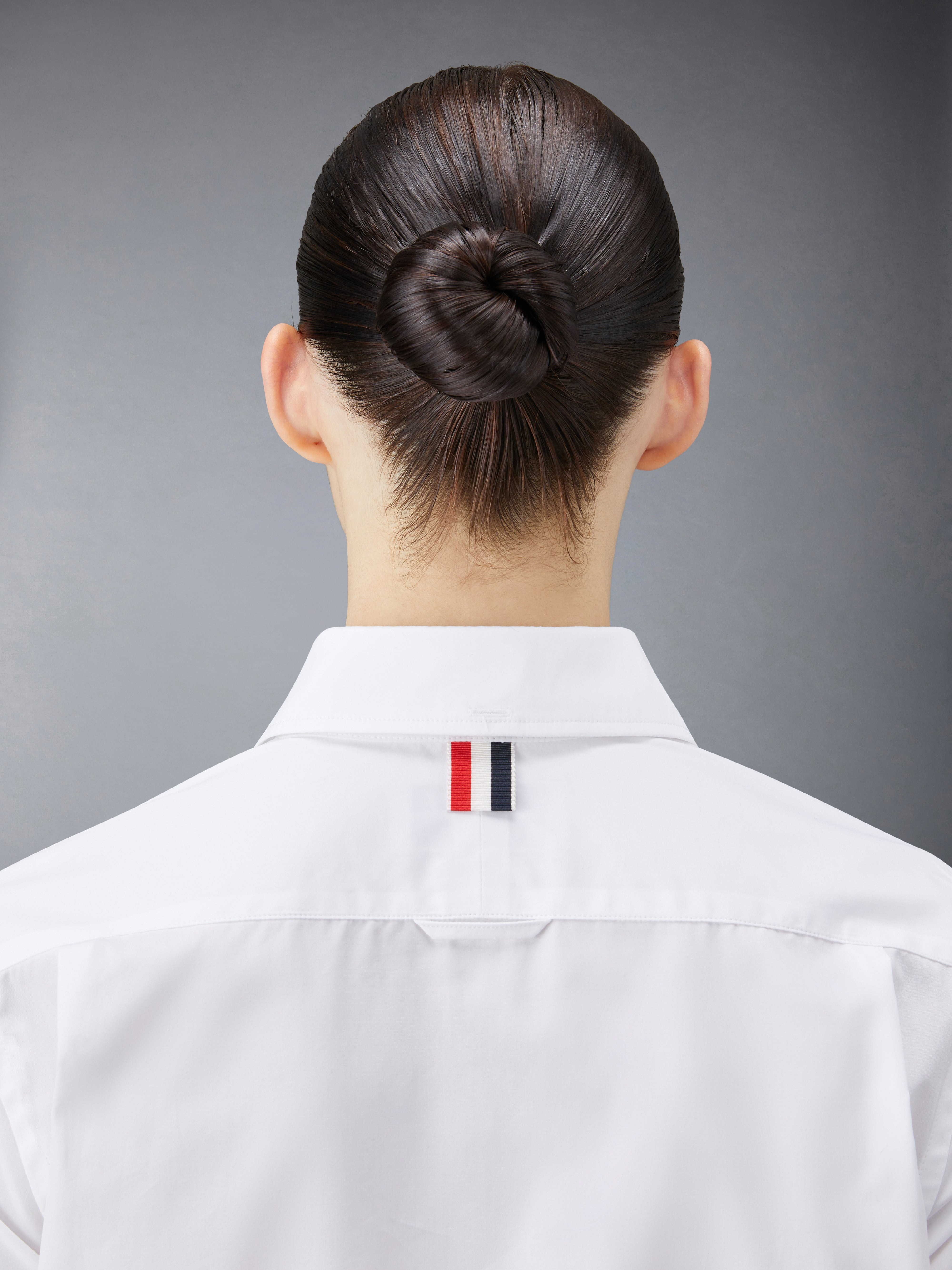 White Solid Poplin Stripe Grosgrain Placket Thigh Length Point Collar Shirtdress - 7