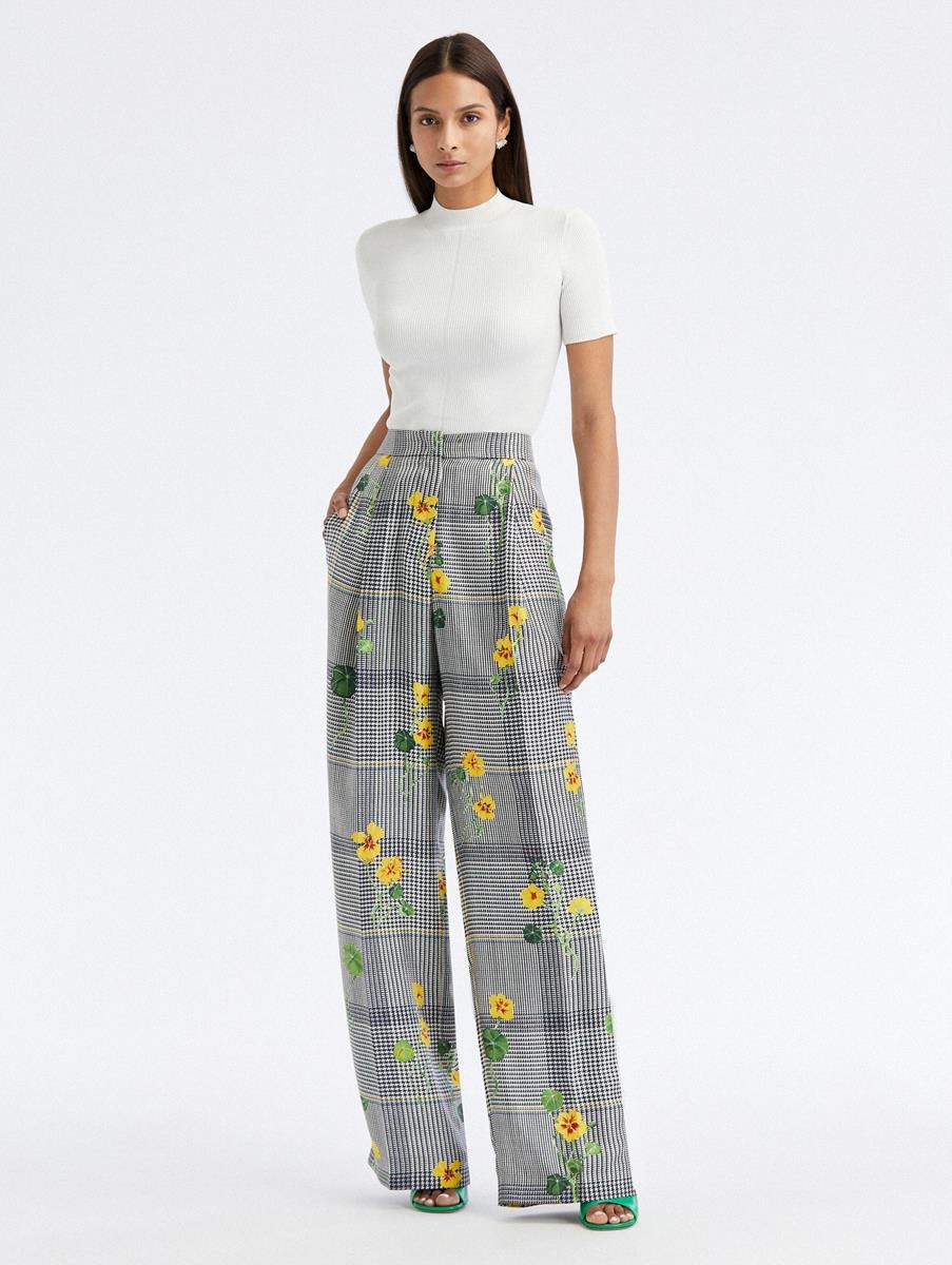 WIDE LEG NASTURTIUM PLAID SILK TWILL PANTS - 1