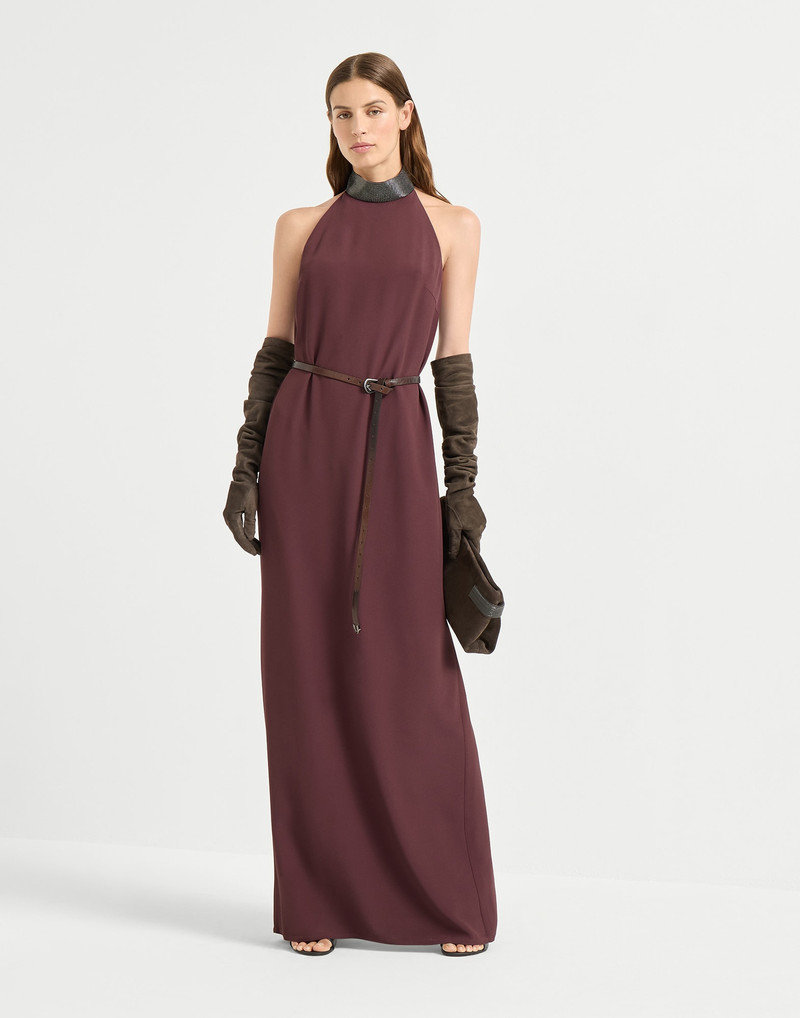 Silk and acetate crêpe cady halterneck dress with precious beaded collar 5