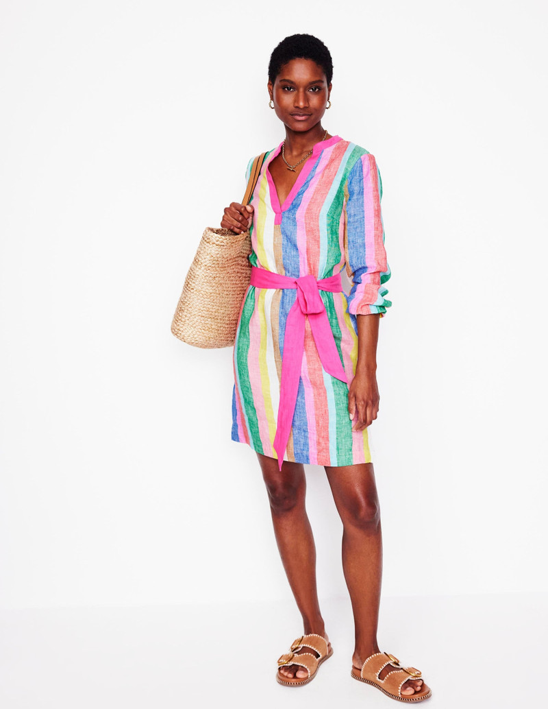 Cleo Linen Tie Waist Dress-Bright Rainbow Stripe 5
