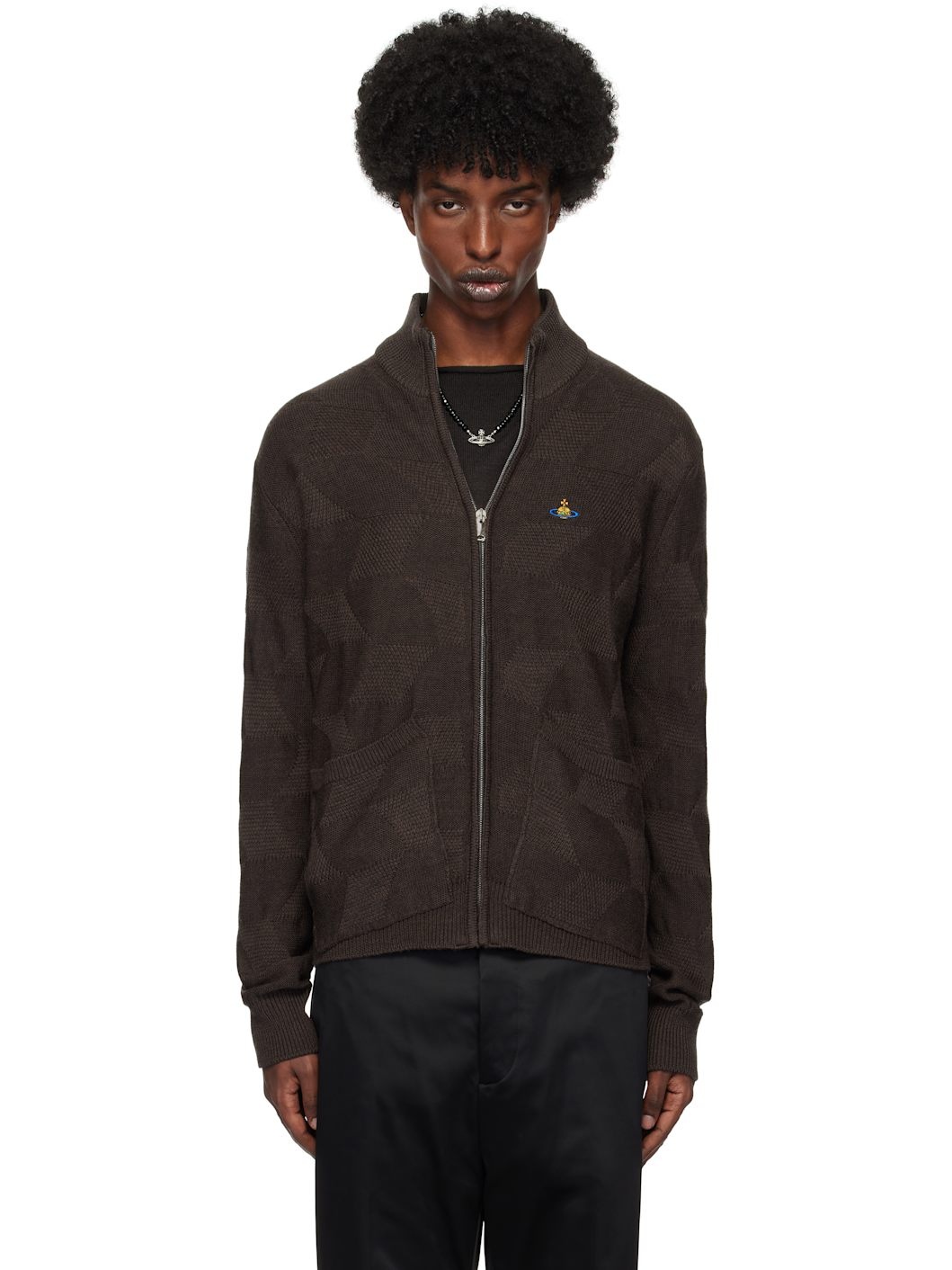 Brown Fisherman Zip-Up Sweater - 1
