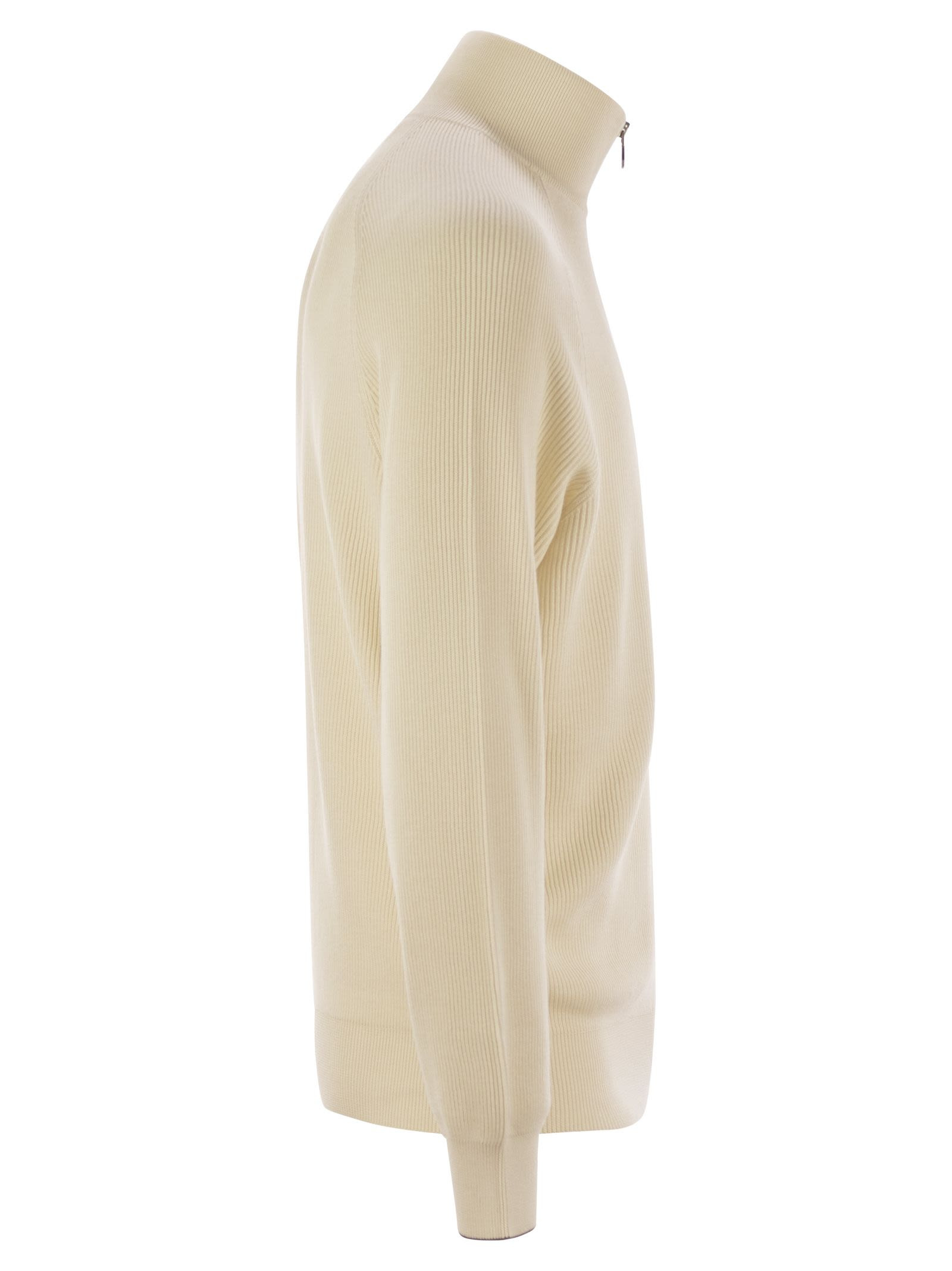 Brunello Cucinelli Men Cotton Rib Sweater With Zip Opening And Raglan Sleeve - 3