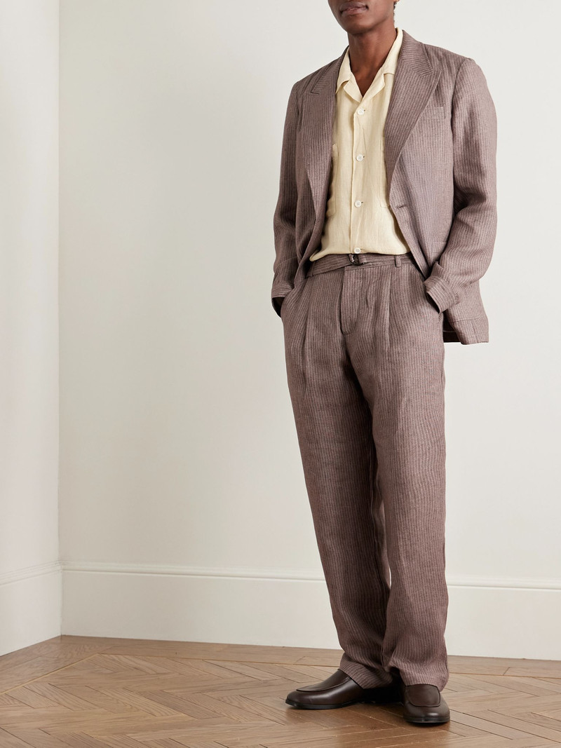 Oliver Spencer Wilkins Tapered Belted Pinstriped Linen Suit Trousers Brown outlook