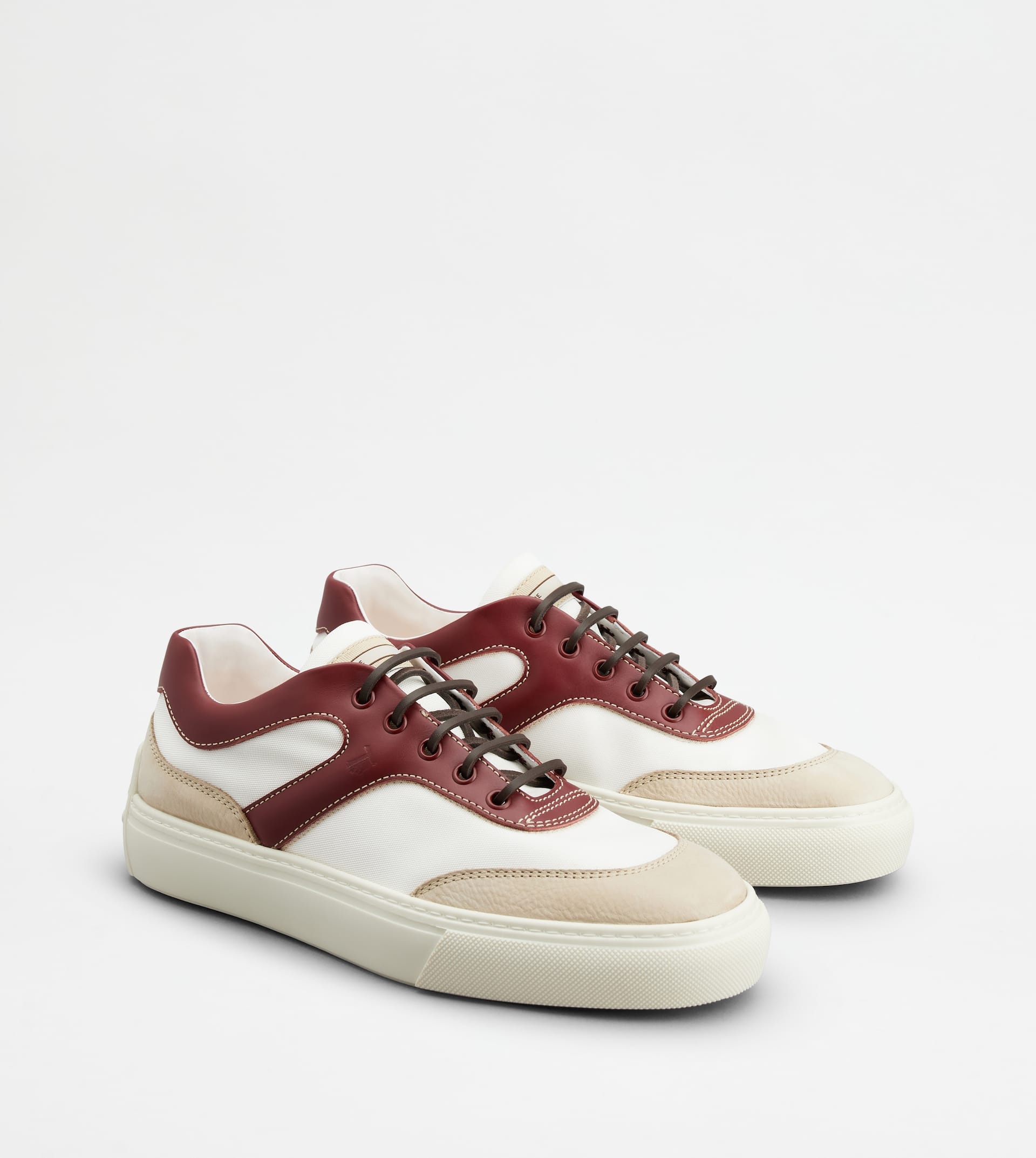 SNEAKERS IN LEATHER AND FABRIC - WHITE, BURGUNDY, BEIGE - 3