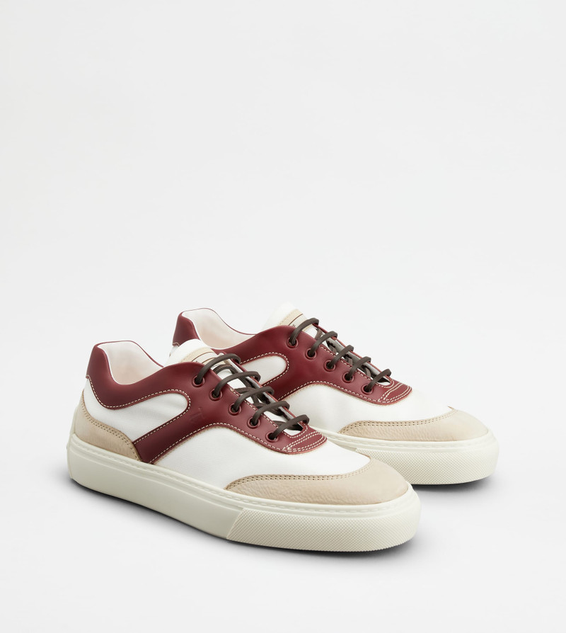 SNEAKERS IN LEATHER AND FABRIC - WHITE, BURGUNDY, BEIGE 3