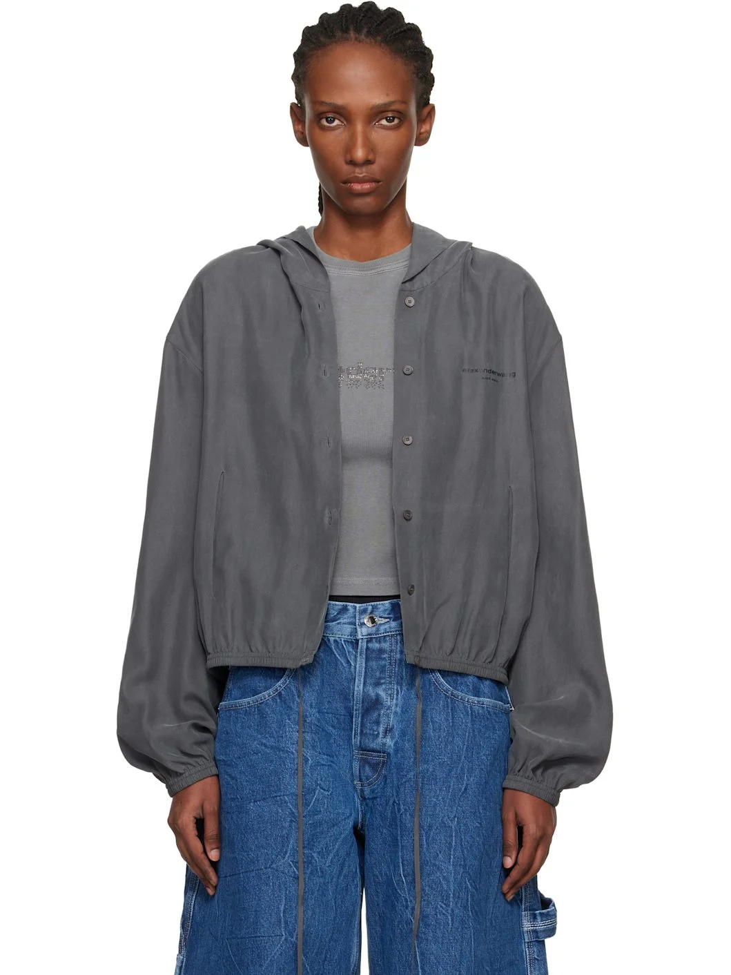 Gray Cropped Silk Hoodie - 1