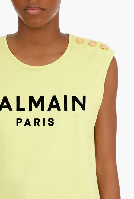 Lime green cotton T-shirt with flocked black Balmain logo - 6