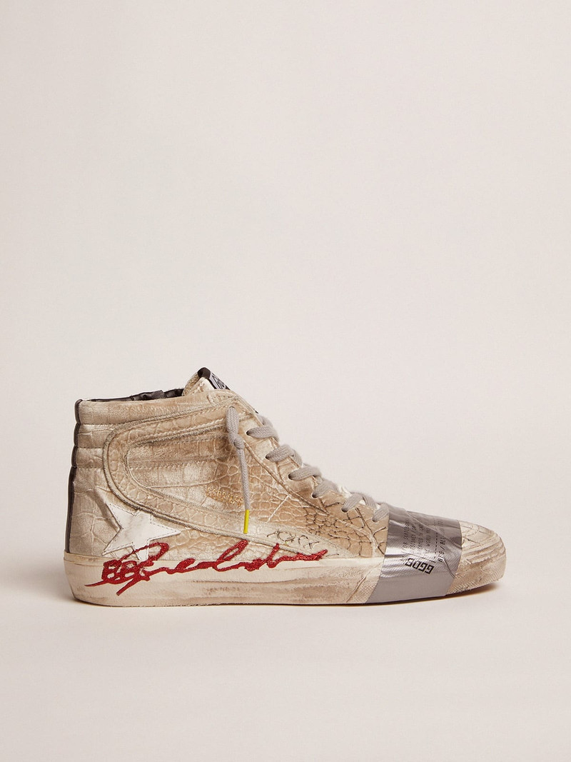 Slide LAB sneakers with silver velvet upper and crocodile print - 1