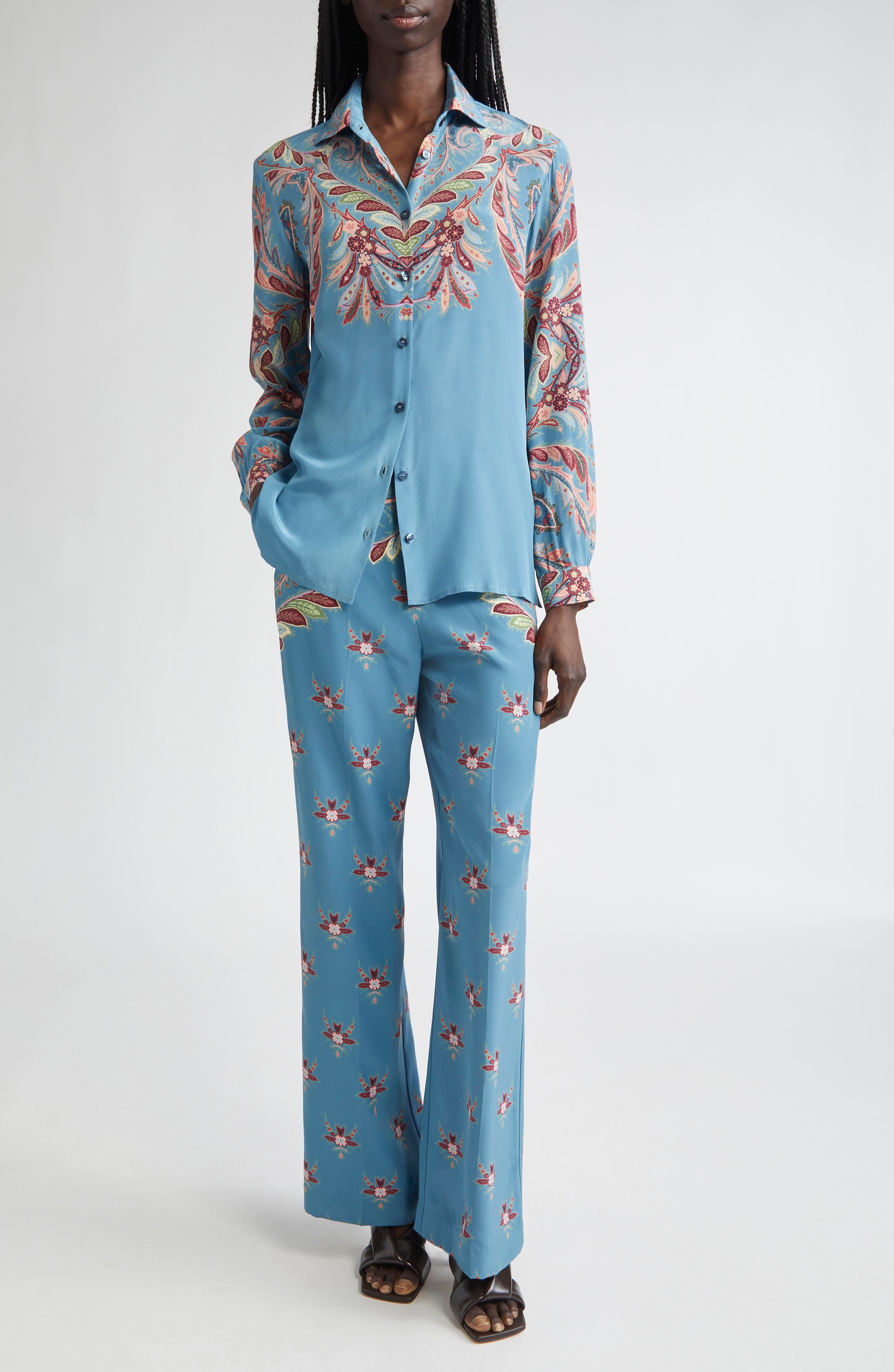 Etro Floral Paisley Silk Flare Leg Pants in Printed Blue Base at Nordstrom - 2