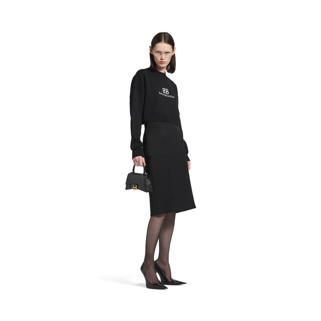 Women's Hourglass Xs Handbag Crocodile Embossed in Black - 6