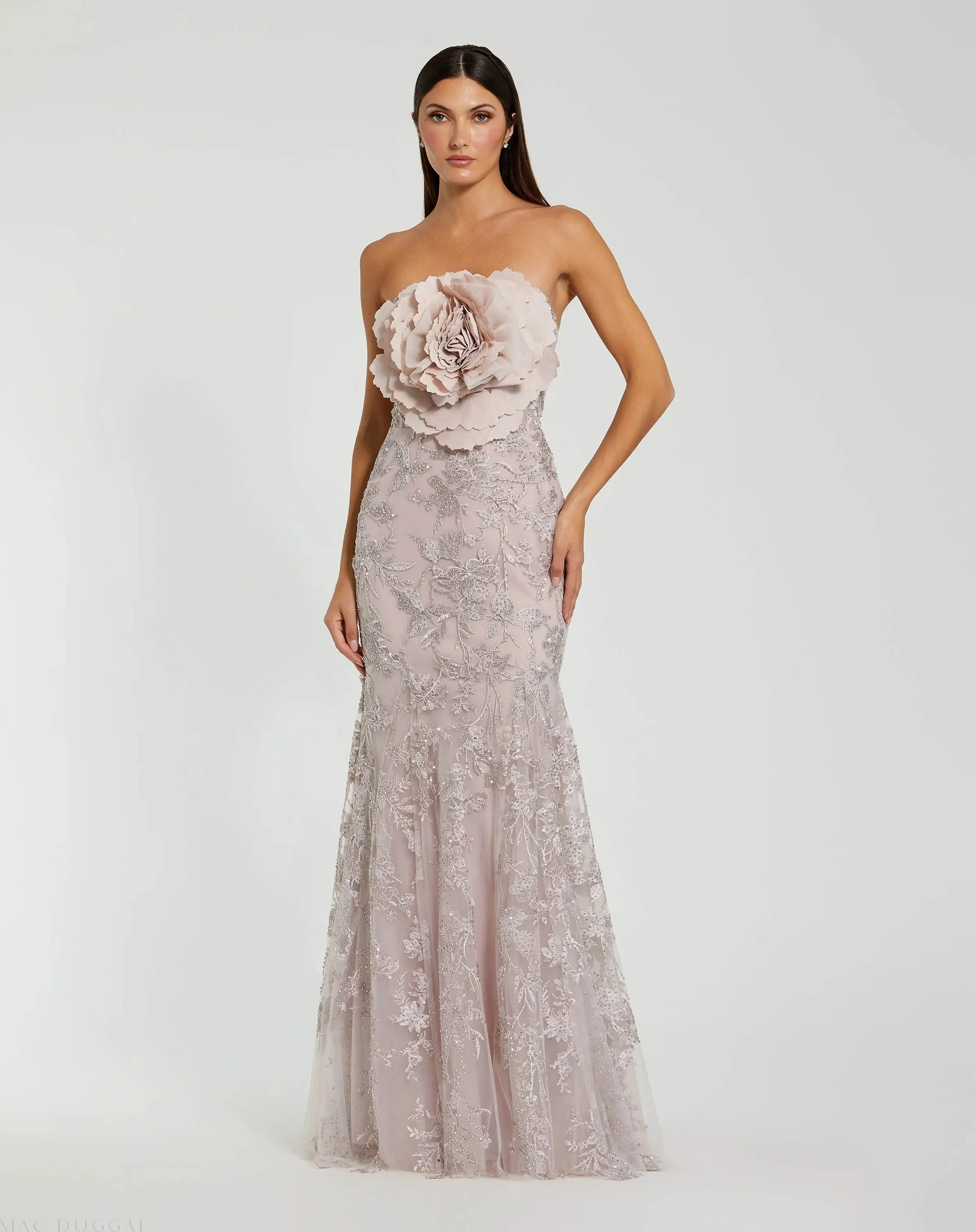 Pink Strapless Lace Embellished Trumpet Gown With 3D Flower - 1