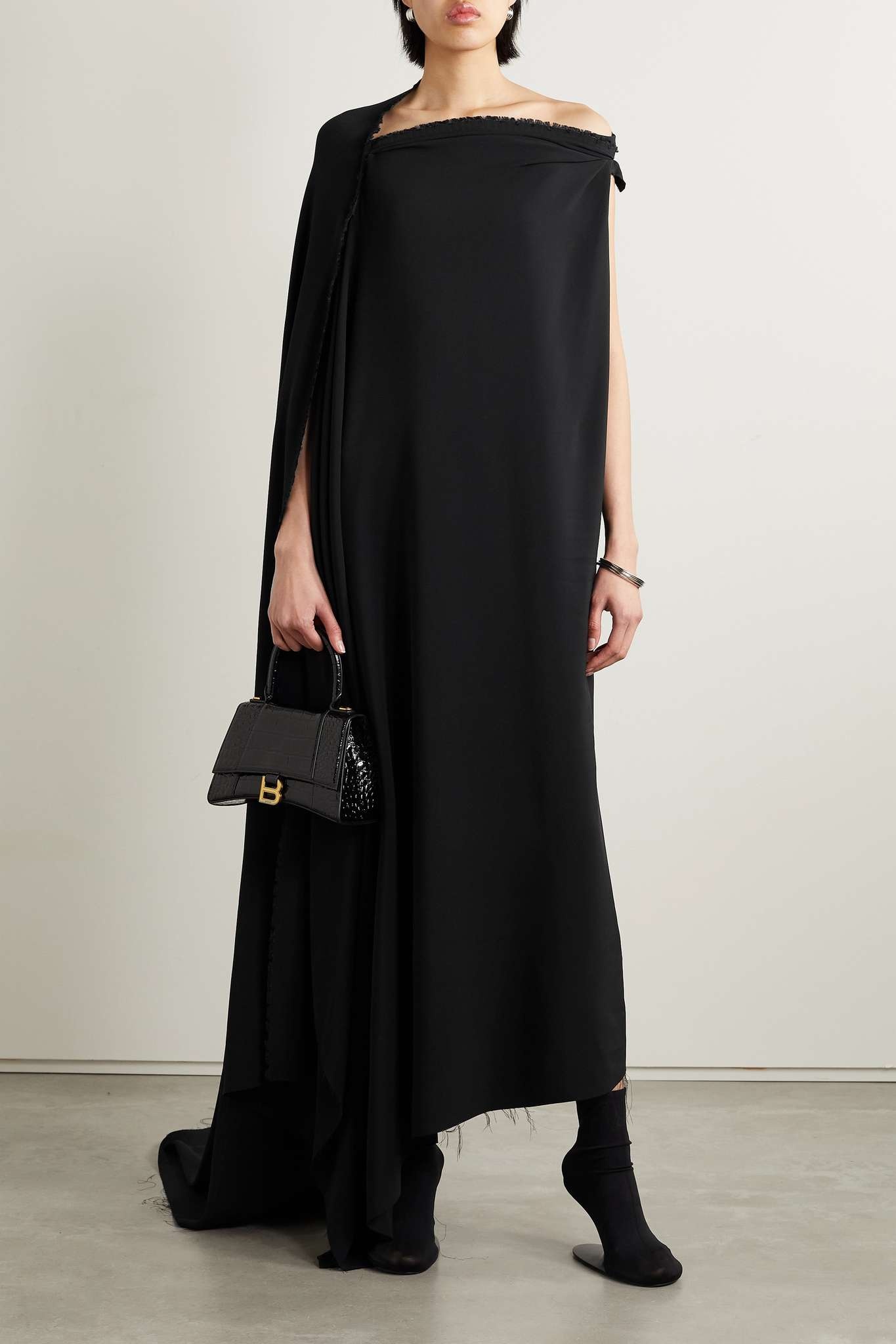 Asymmetric one-shoulder frayed draped crepe gown - 3