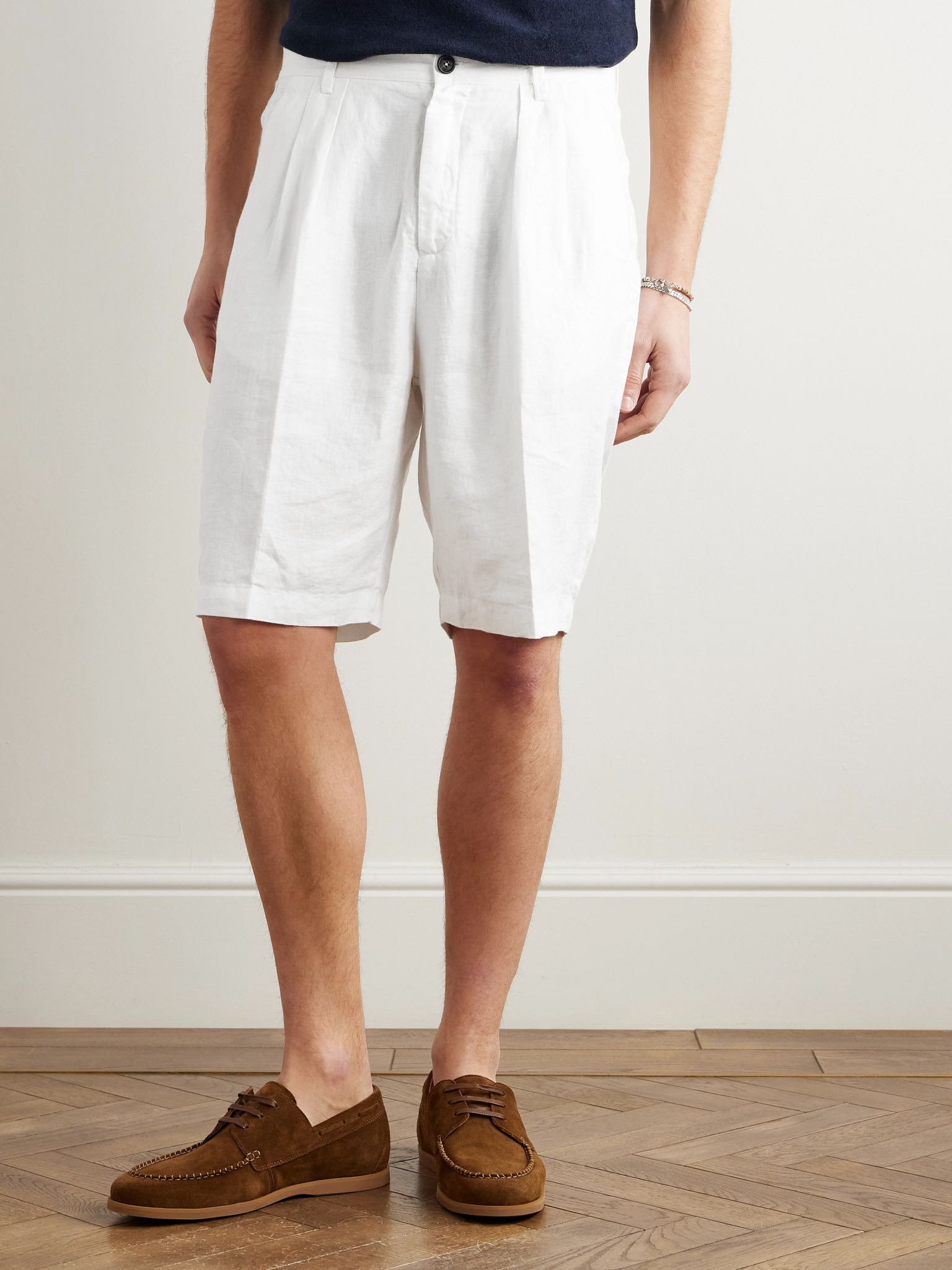 Cliff Straight-Leg Pleated Linen Bermuda Shorts White - 3