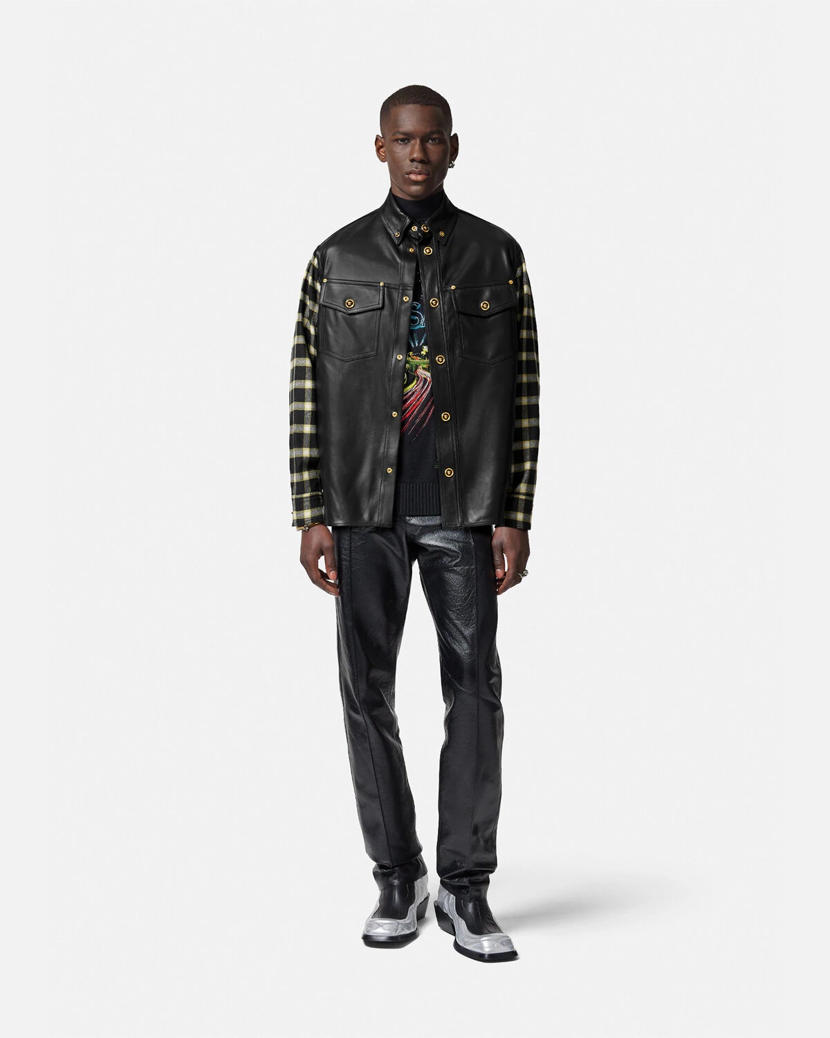 Medusa Checked Leather Blouson Jacket - 2