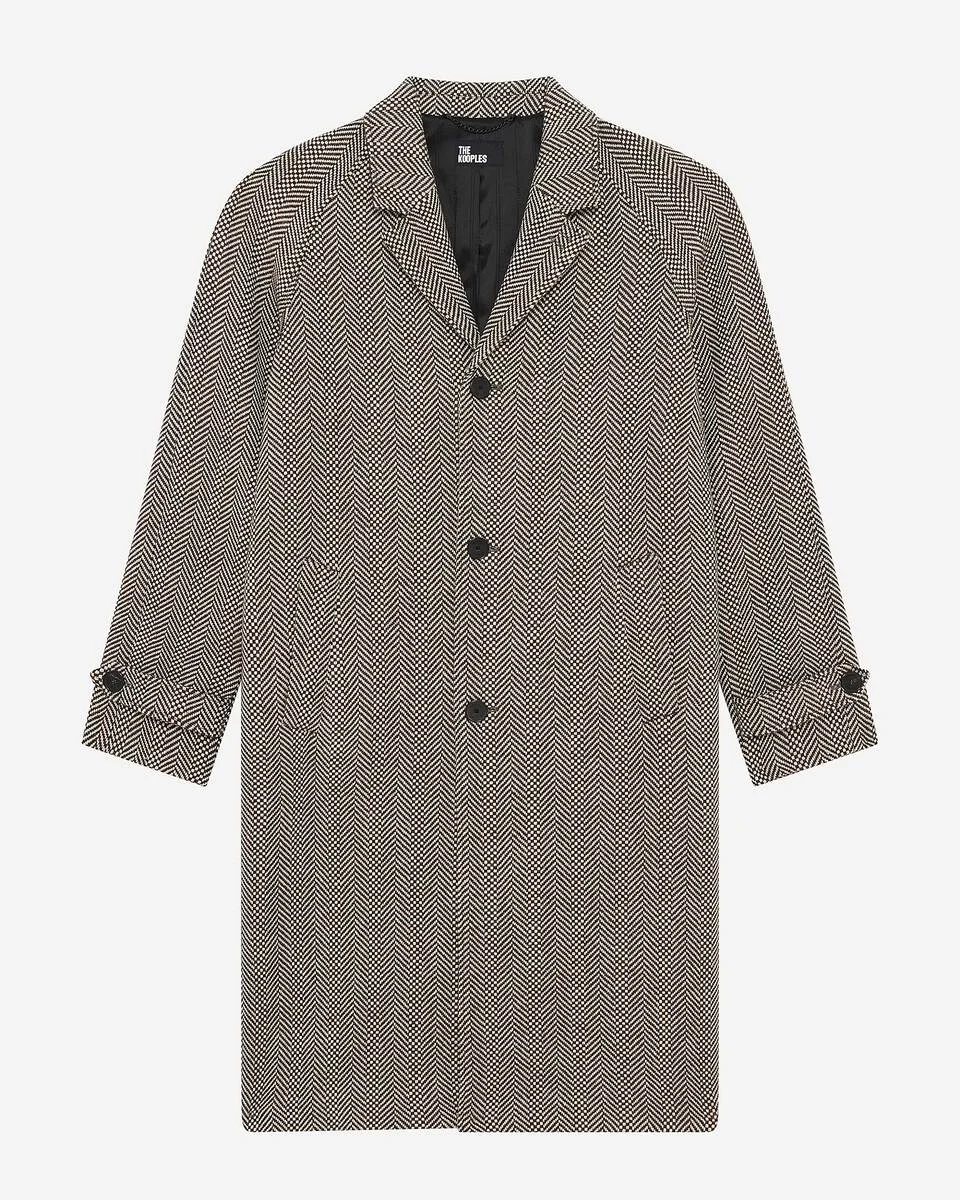 LONG BROWN WOOL HERRINGBONE COAT - 1