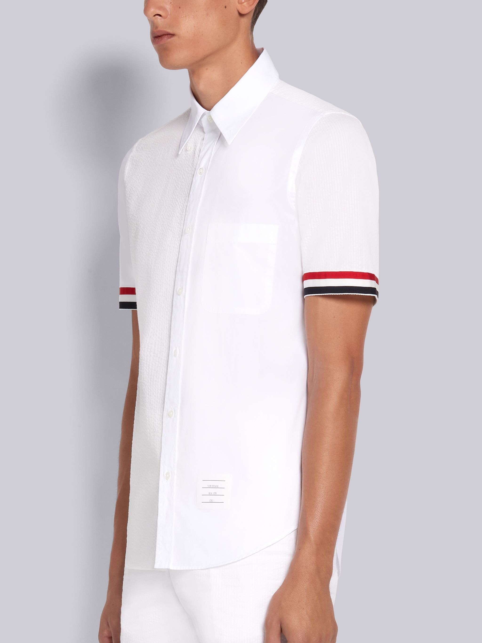 White Fun-Mix Cotton Seersucker Grosgrain Cuff Straight Fit Short Sleeve Shirt - 2