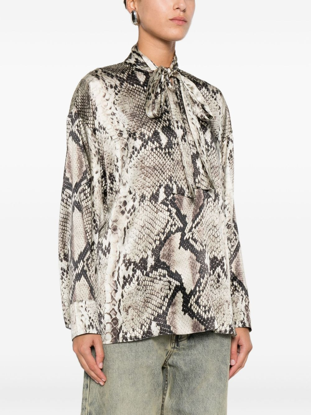 snakeskin-print tie-neck blouse - 3