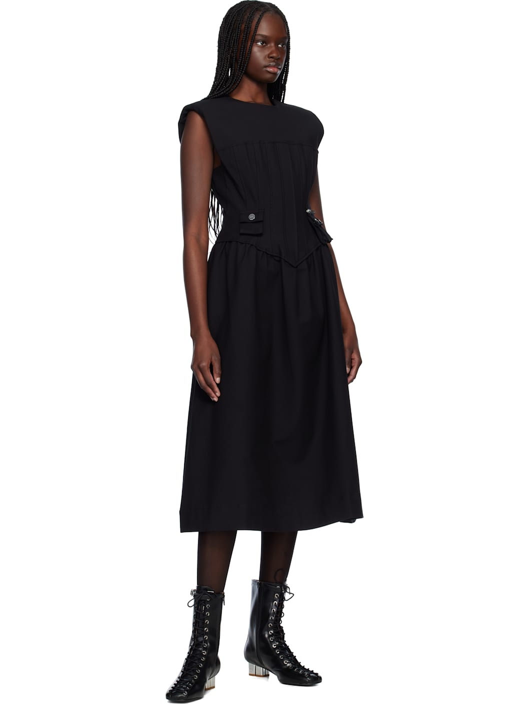 Black Heavy Cotton Corset Midi Dress - 4