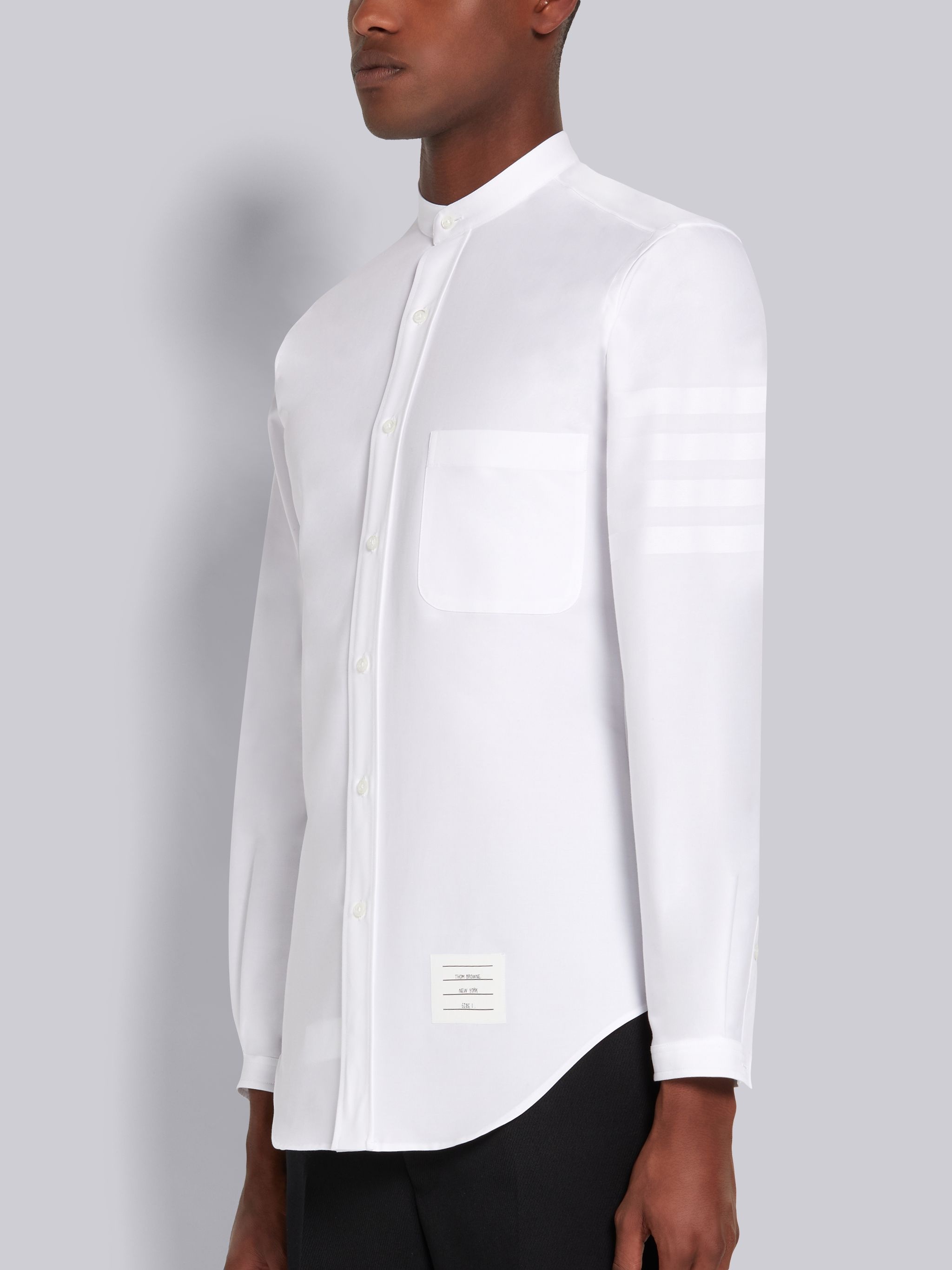 White Satin Weave Oxford Engineered 4-Bar Stripe Band Collar Classic Button Down Shirt - 2