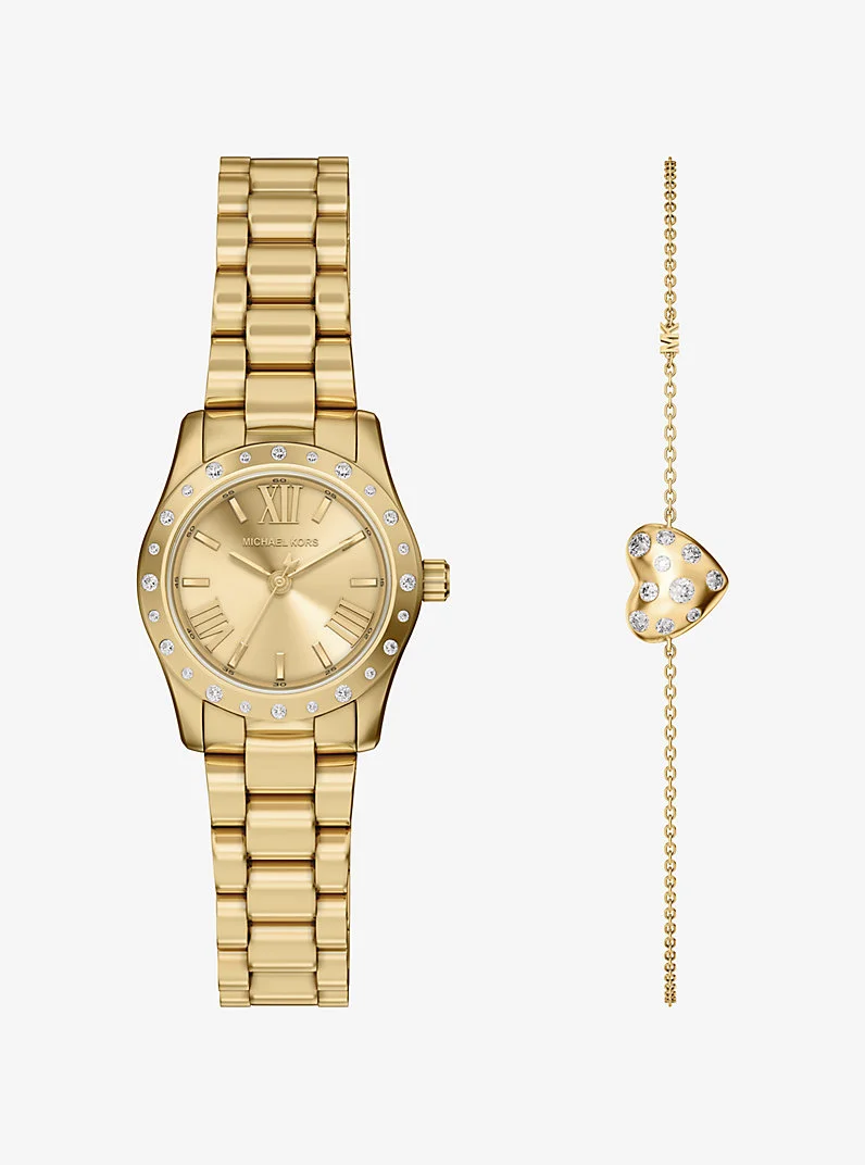 Petite Lexington Pavé Gold Watch and Heart Bracelet Gift Set - 1