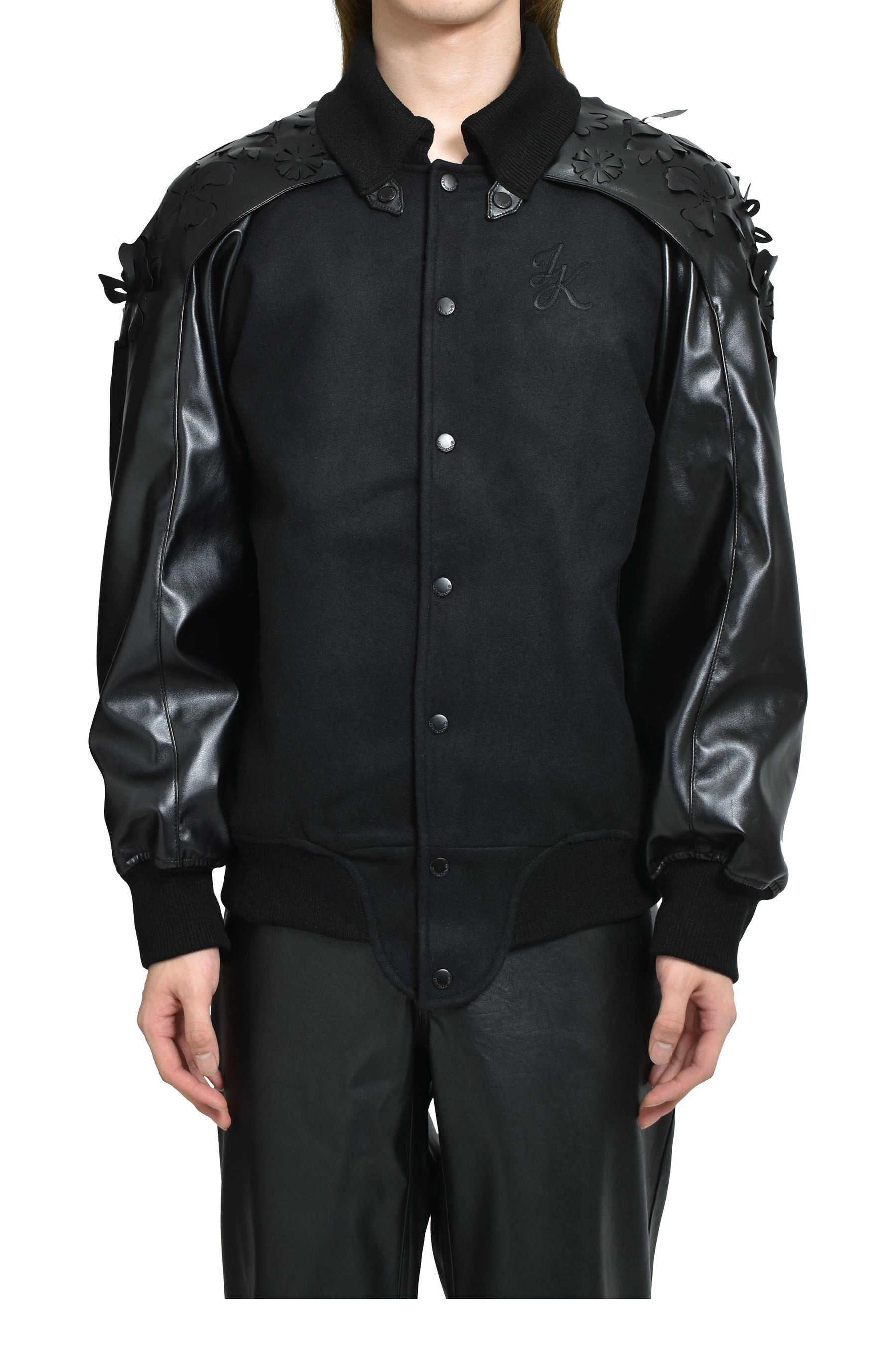 LASER-CUT FLOWER VARSITY JACKET / BLK - 1
