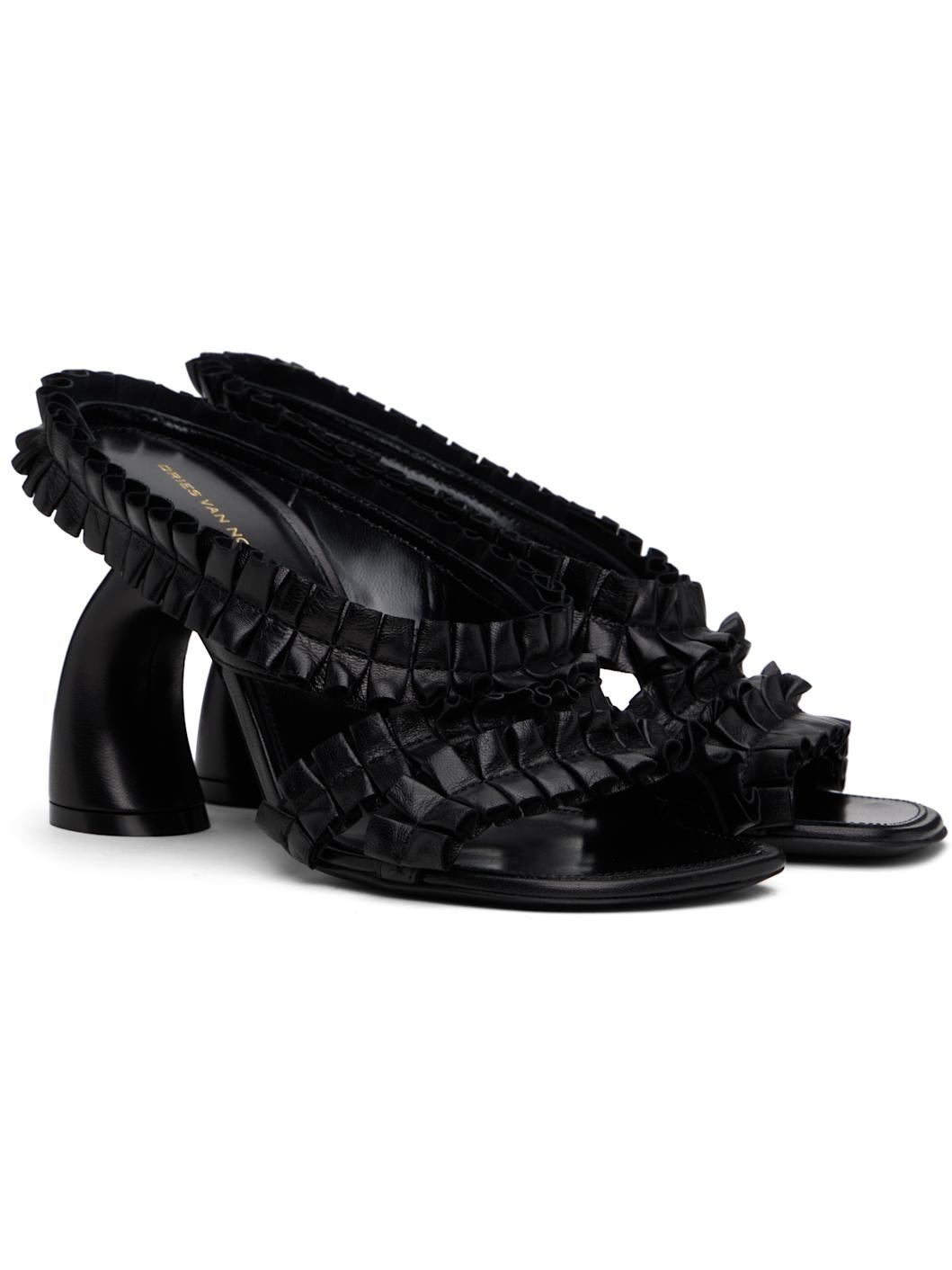 Black Ruffled Leather Heeled Sandals - 4