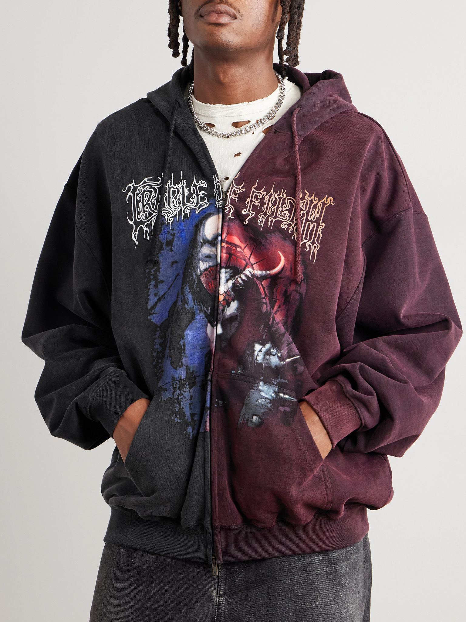 + Cradle of Filth Oversized Panelled Cotton-Blend Jersey Zip-Up Hoodie Red - 3