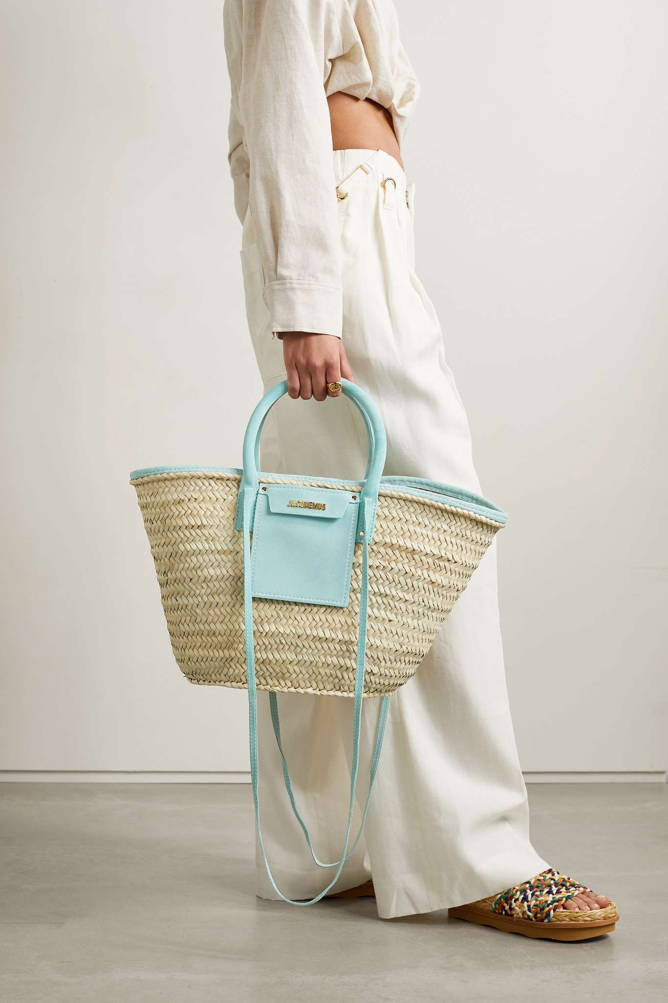 Soleil large nubuck-trimmed straw tote 2