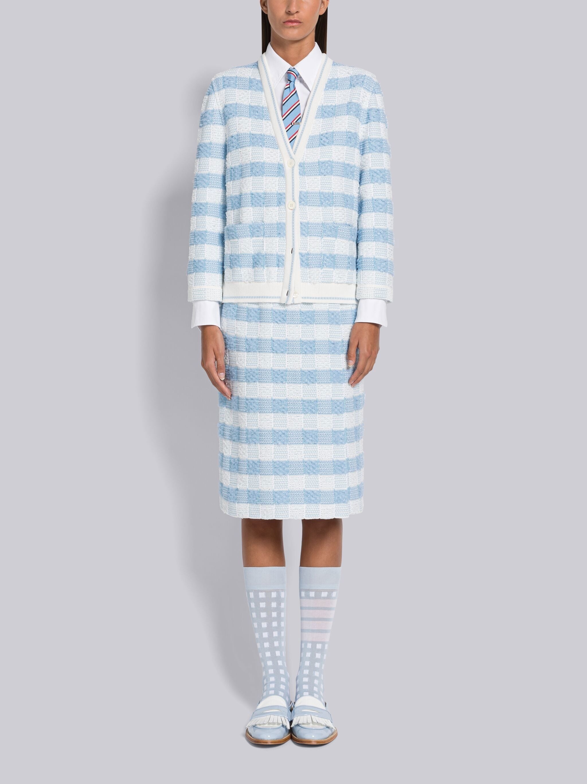 Gingham Inlay Stripe Side Pleat Pencil Skirt - 4