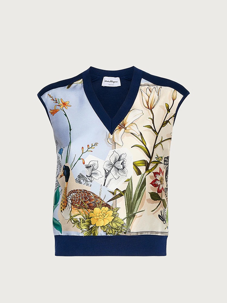 SHORT SLEEVED TOP WITH SILK INLAYS - 1