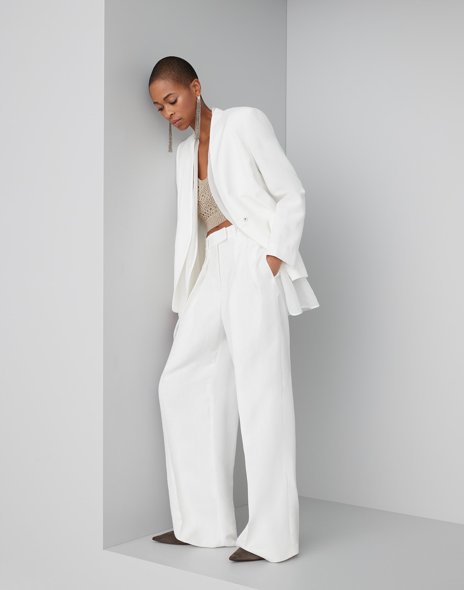 Viscose and linen fluid twill blazer with monili and cotton organza insert - 5