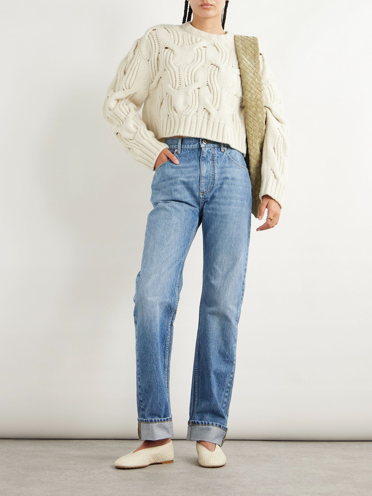 Cropped cable-knit wool sweater Cream - 2