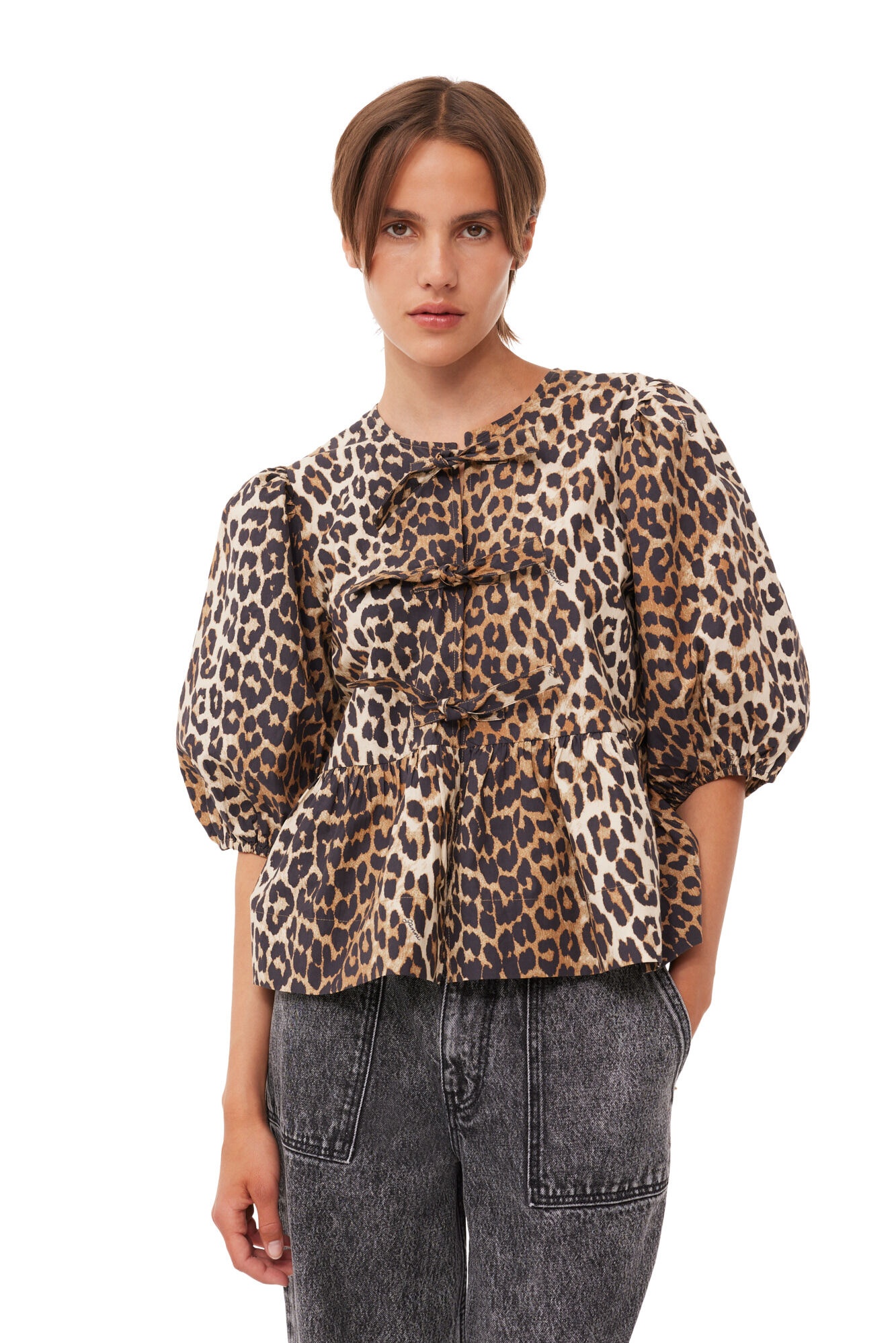 LEOPARD COTTON POPLIN PEPLUM TIE BLOUSE - 4